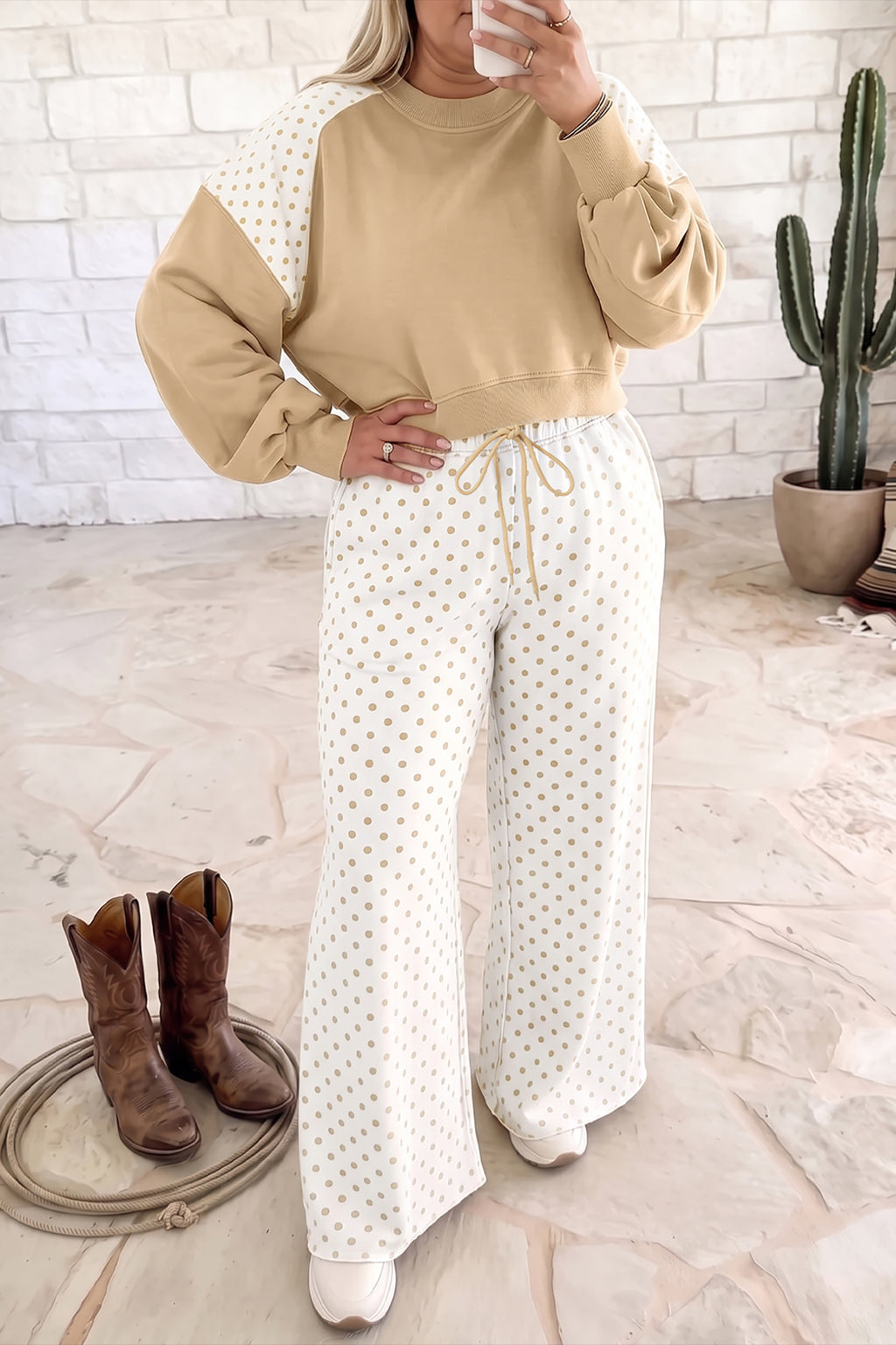 Polka Dot Patchwork Colorblock Long Sleeve Plus Size Pant Set