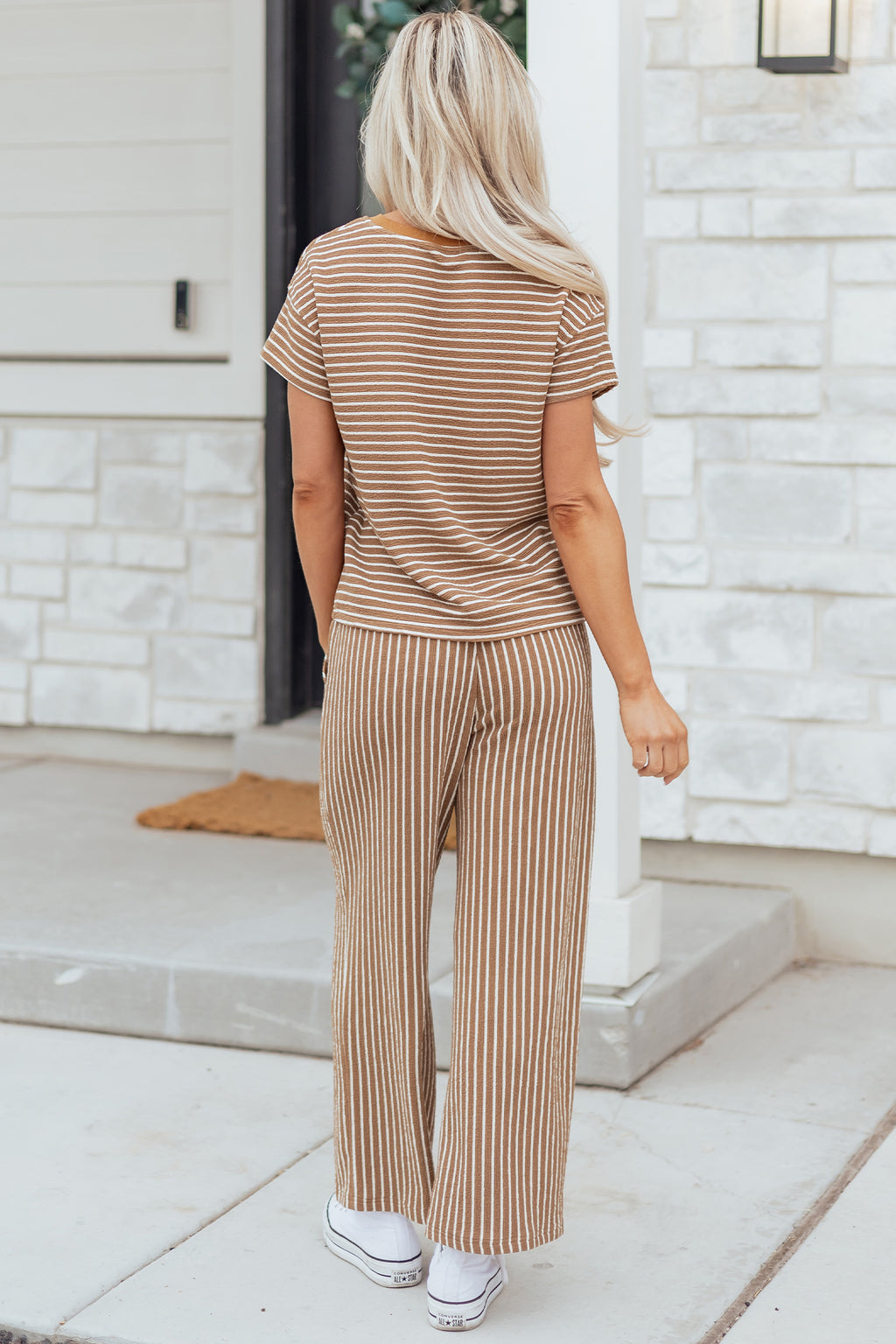 Stripe Crew Neck Tee & Drawstring Waist Cropped Pants Set (4 Colors Available)