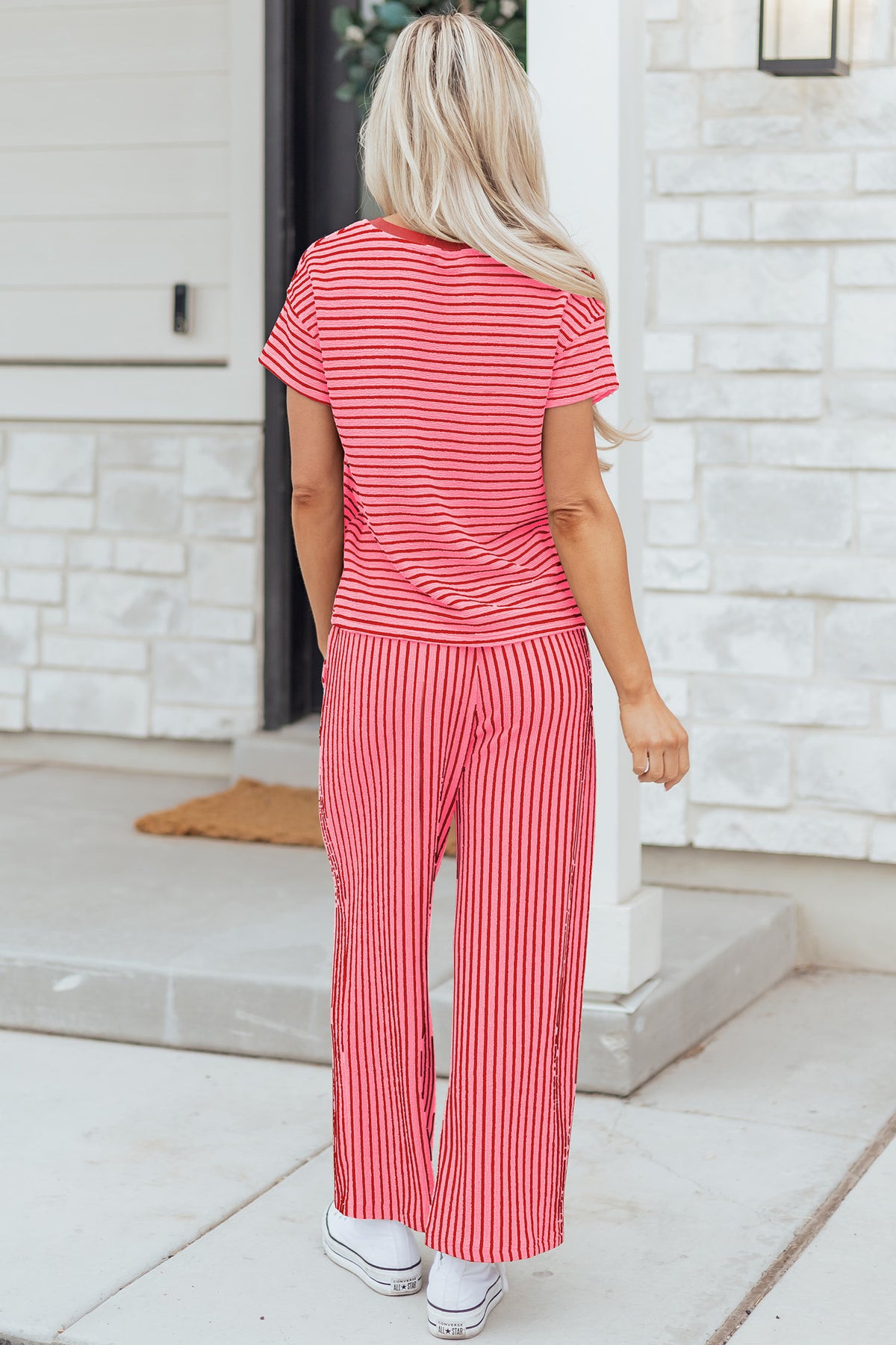 Stripe Crew Neck Tee & Drawstring Waist Cropped Pants Set (4 Colors Available)