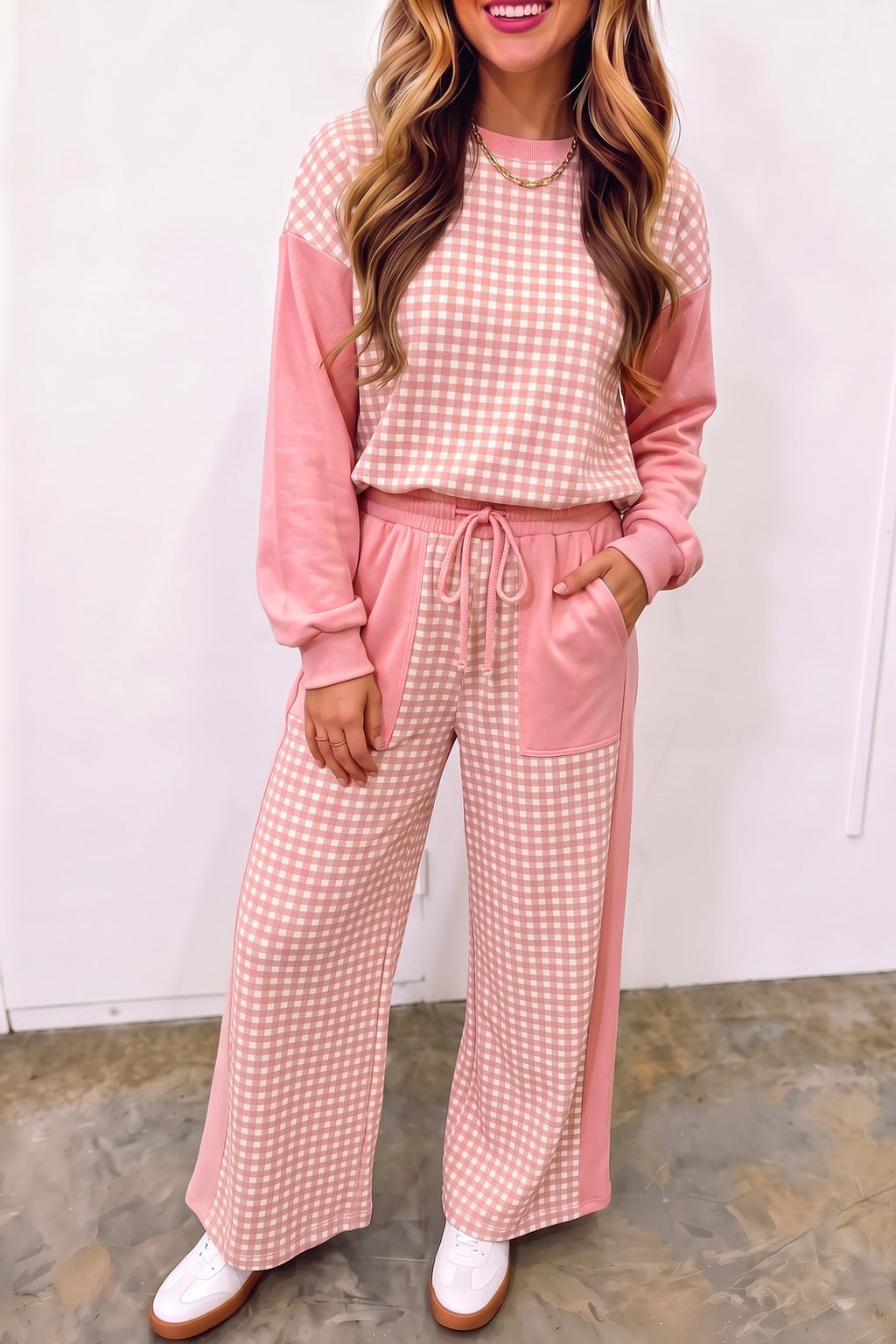 Plaid Patchwork Long Sleeve Pullover & Wide Leg Pant Set (3 Colors Available)
