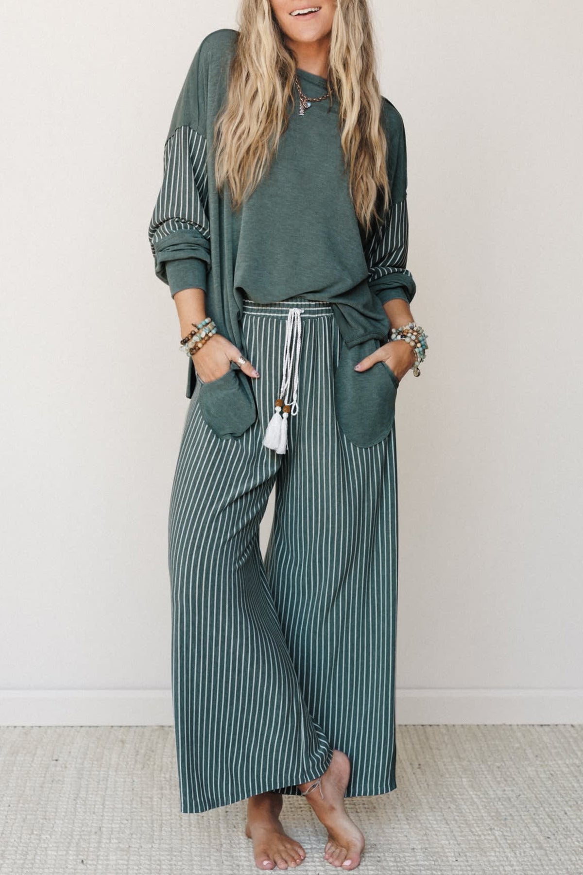 Raw Seam Patchwork Long Sleeve Top & Pants Set (3 Colors Available)