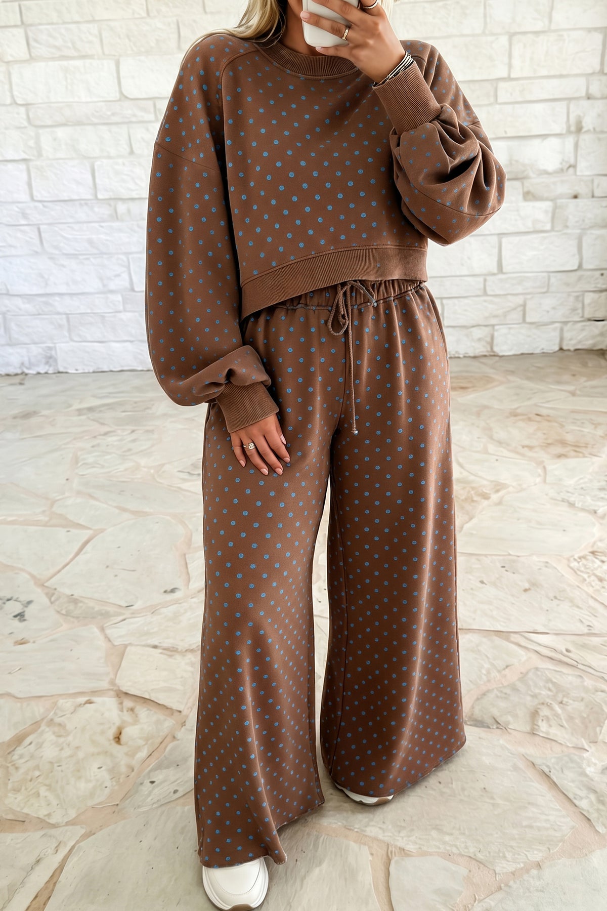 Polka Dot Round Neck Long Sleeve Plus Size Pant Set