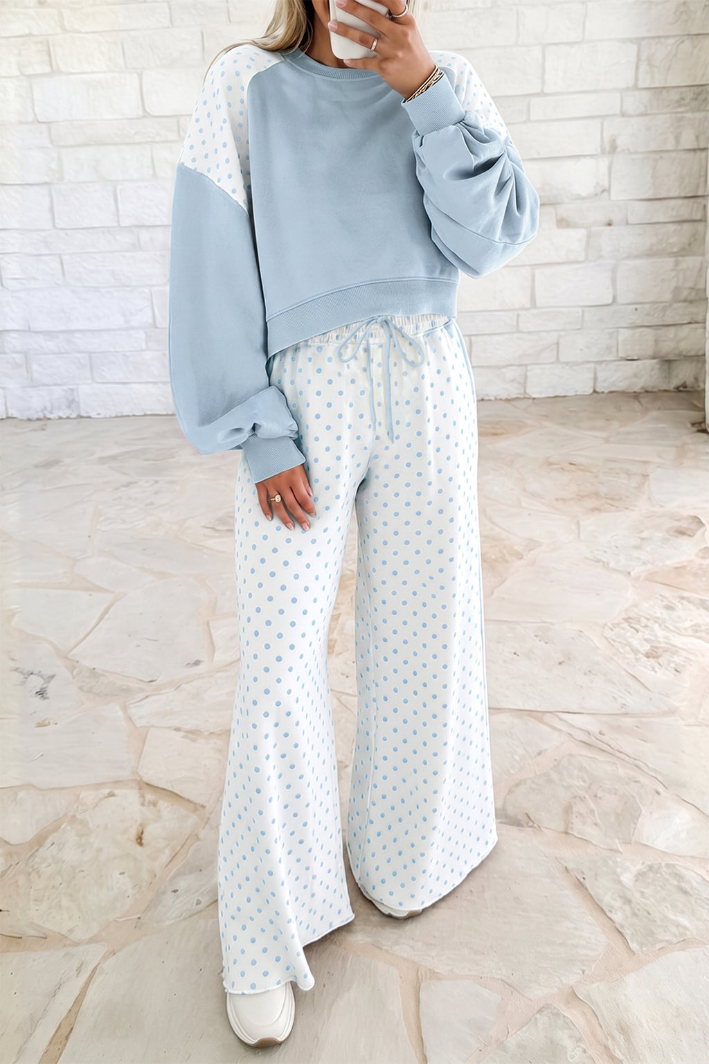 Polka Dot Patchwork Colorblock Long Sleeve Pant Set (4 Colors Available)