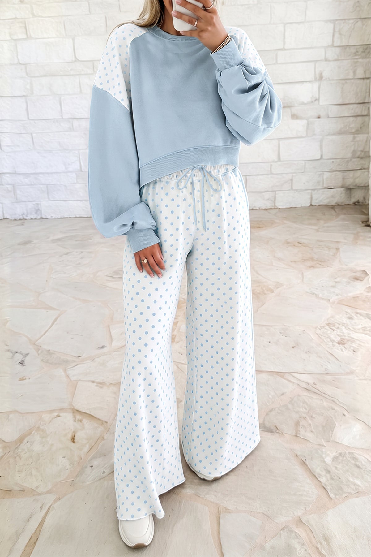 Polka Dot Patchwork Colorblock Long Sleeve Pant Set (4 Colors Available)