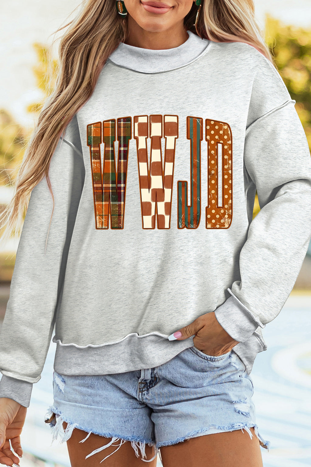 WWJD Mixed Pattern Mock Neck Sweatshirt