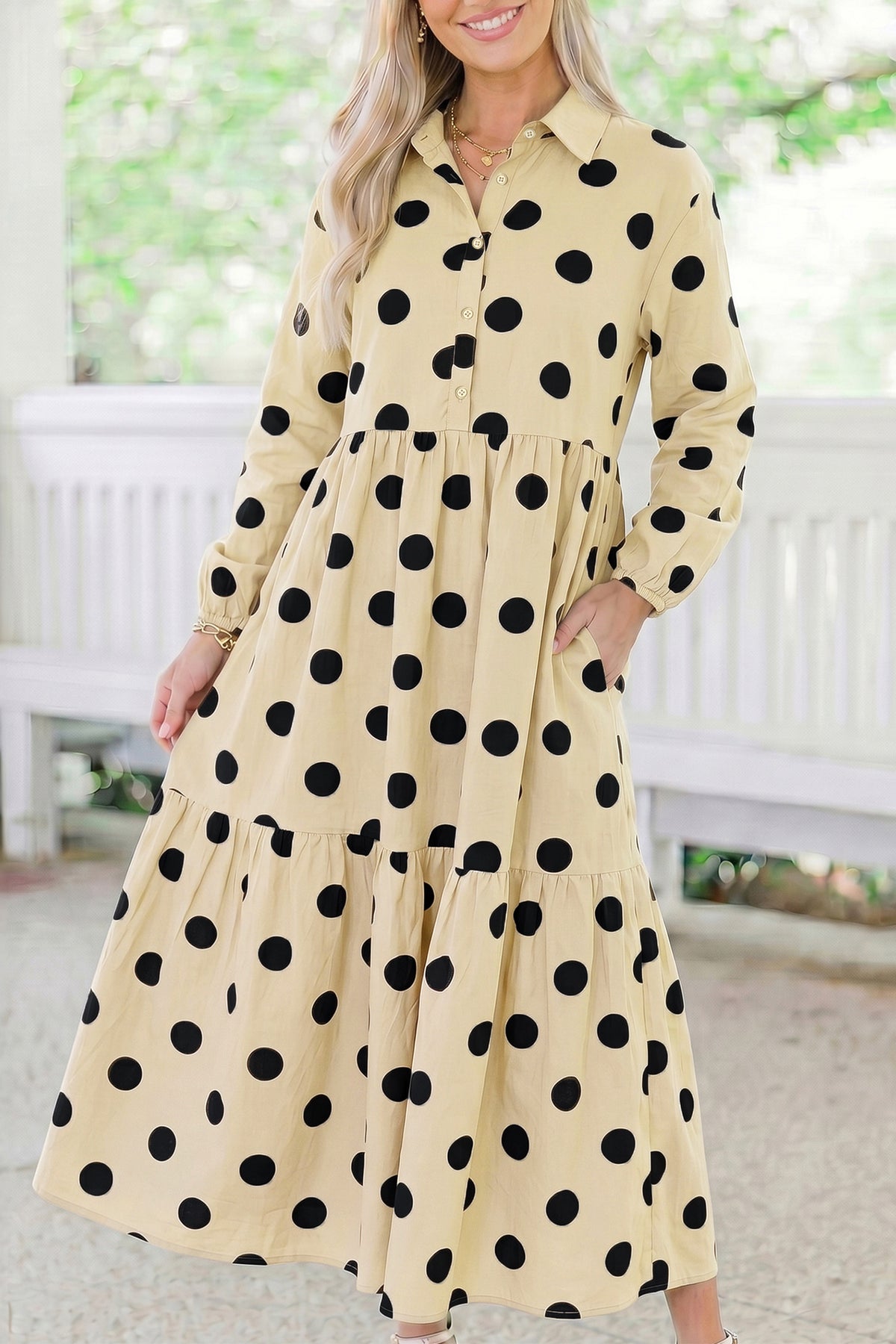 Polka Dot Button Front Long Sleeve Shift Dress with Pockets (2 Colors Available)