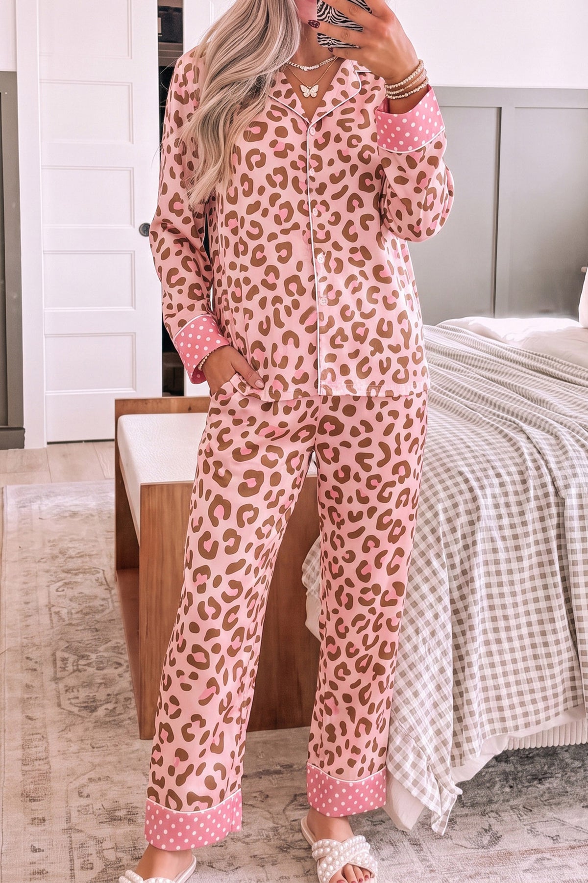 Pink Leopard Print Polka Dot Trim Pajama Set