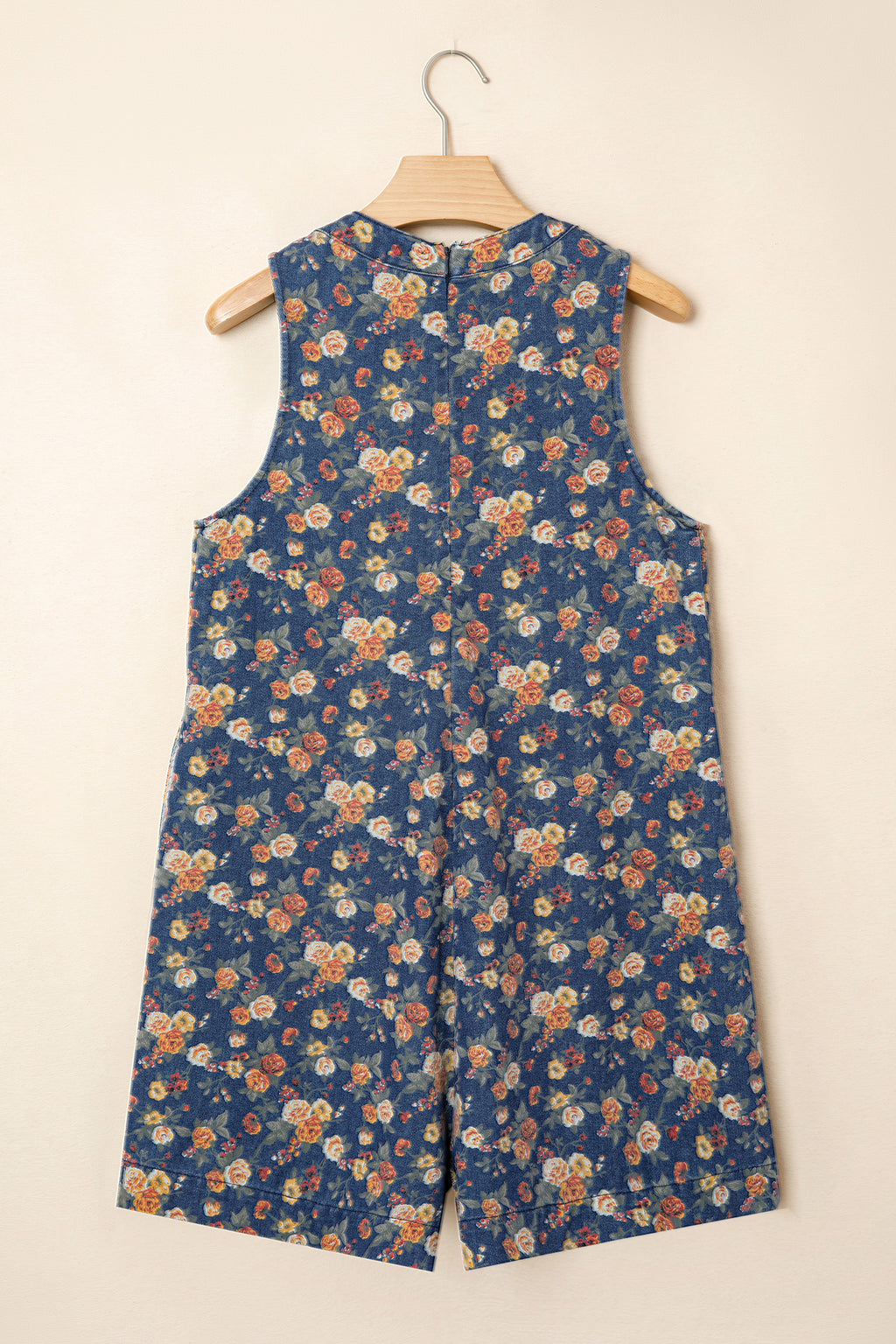 Floral Print Bow Tie V Neck Pleated Denim Romper