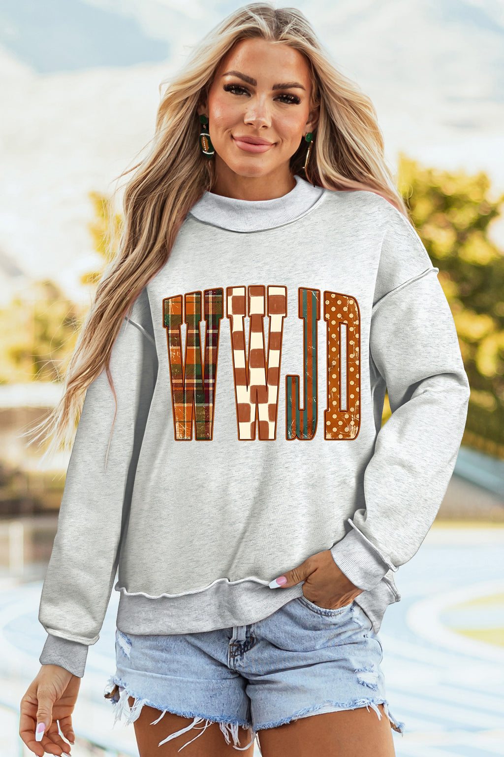 WWJD Mixed Pattern Mock Neck Sweatshirt