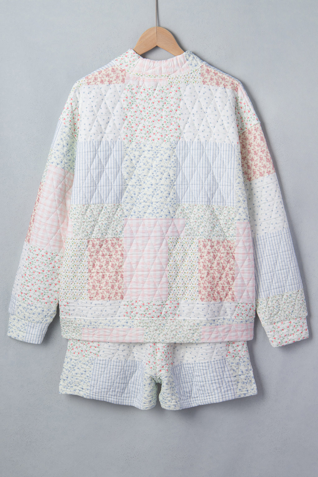 Floral Quilted Patchwork Mock Neck Top & Short Set