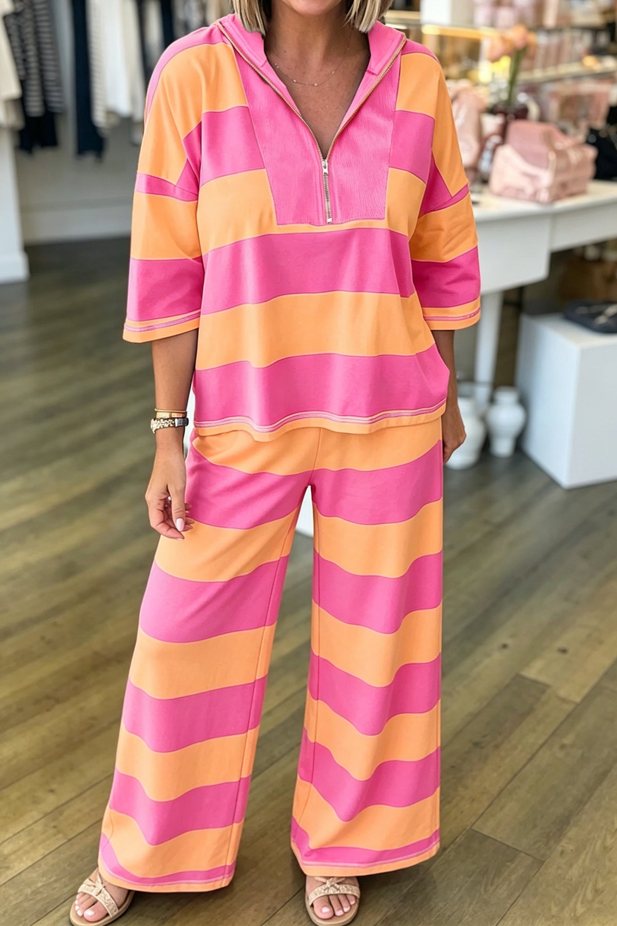 Stripe Colorblock Half Sleeve Top & Pants Set