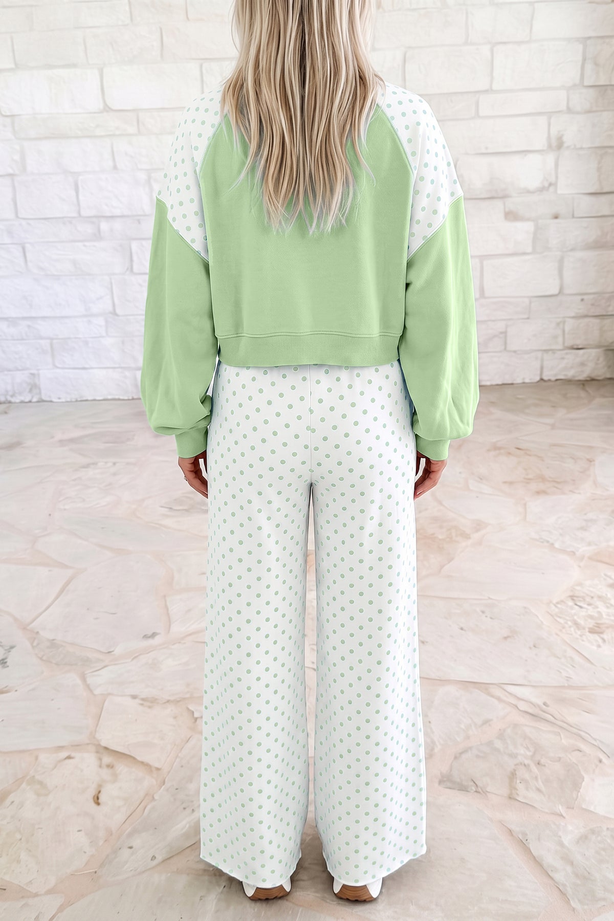 Polka Dot Patchwork Colorblock Long Sleeve Pant Set (4 Colors Available)