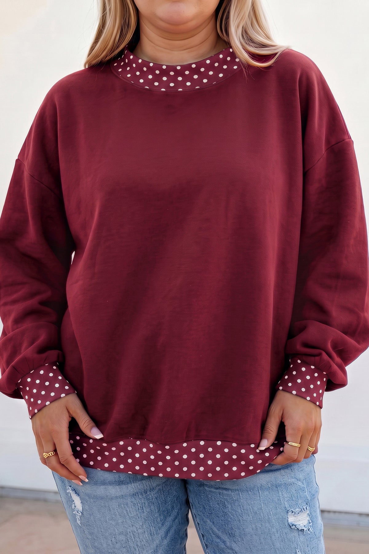 Polka Dot Trim Plus Size Sweatshirt (8 Colors Available)
