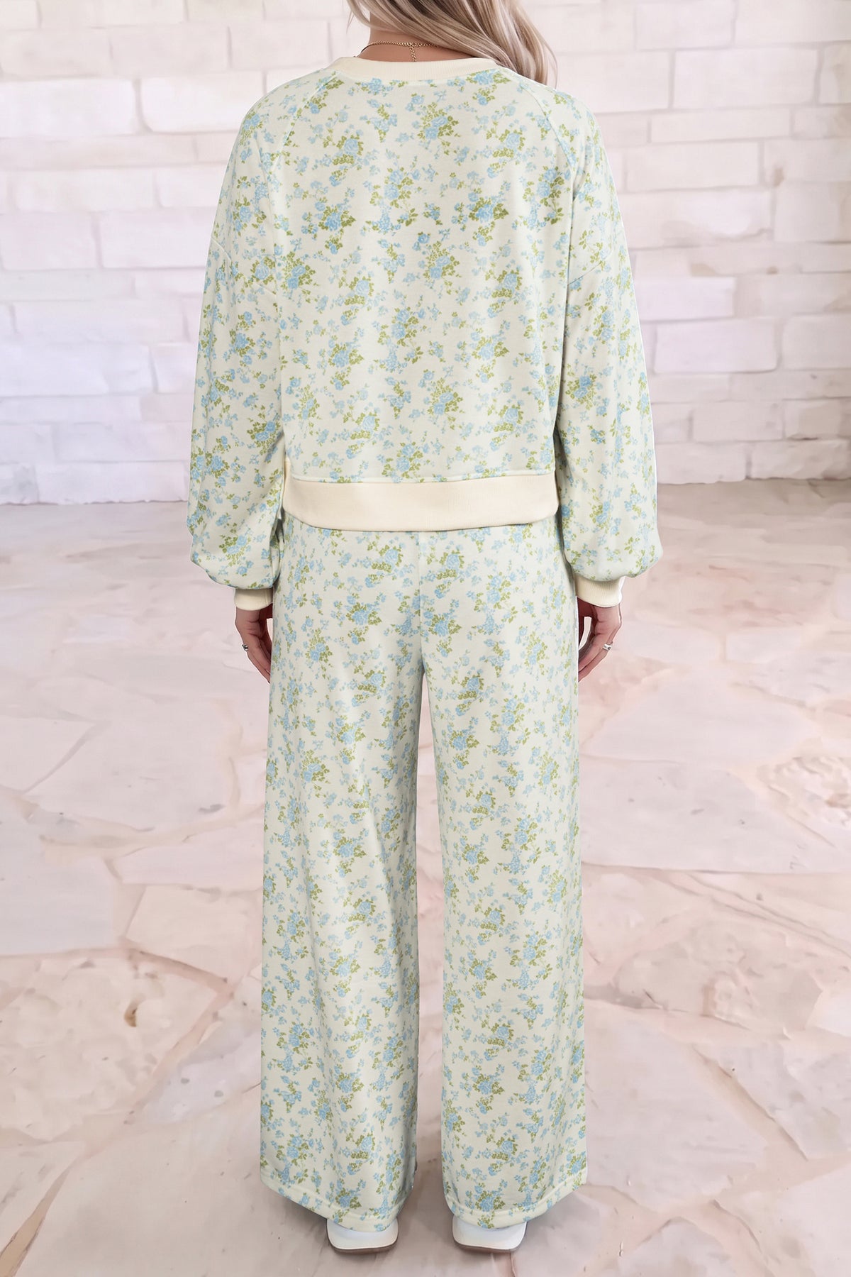 Floral Long Sleeve Top & Drawstring Wide Leg Pants Set