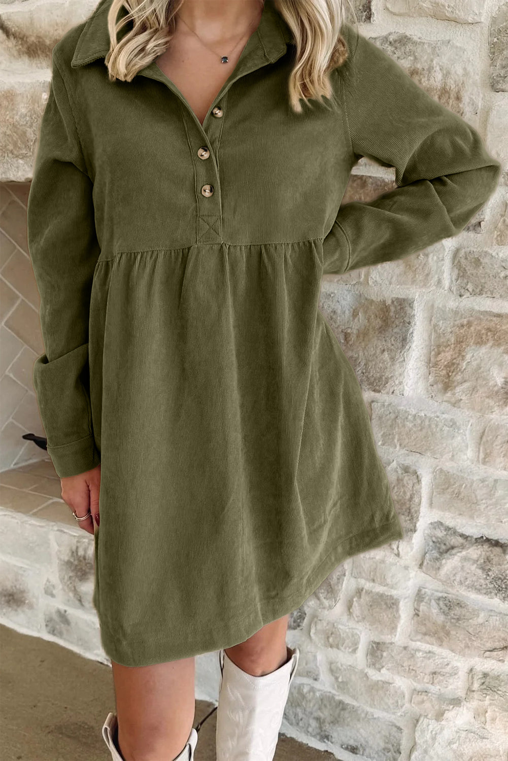Corduroy Half Button Collard Mini Dress (3 Colors Available)