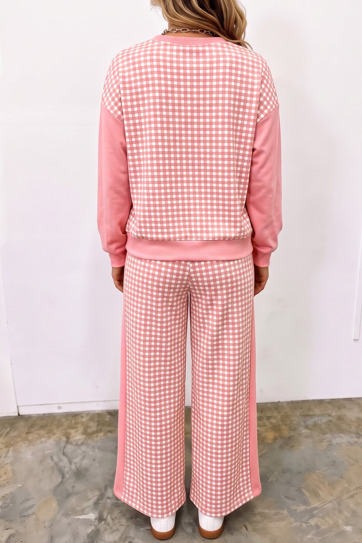 Plaid Patchwork Long Sleeve Pullover & Wide Leg Pant Set (3 Colors Available)