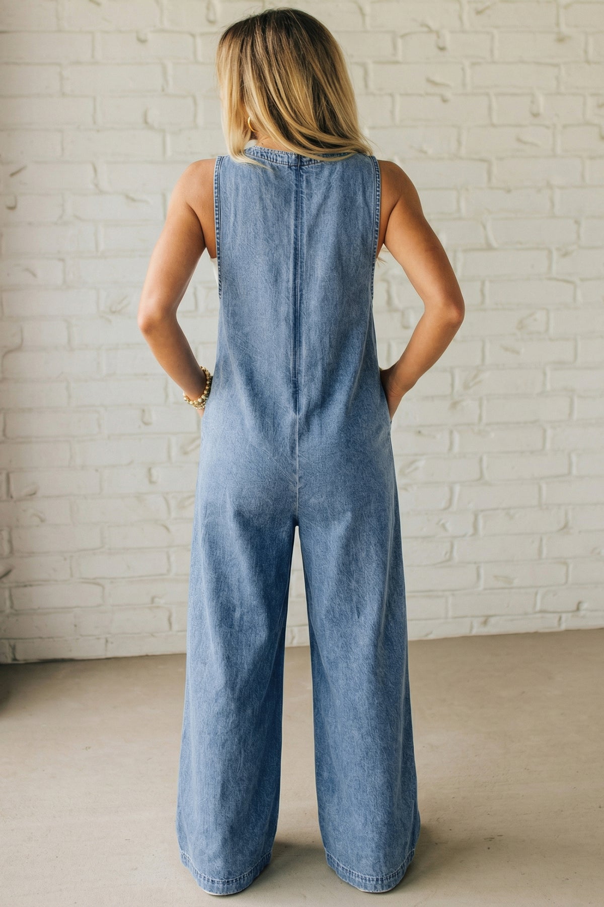 Acid Wash Denim Wide Leg Jumpsuit