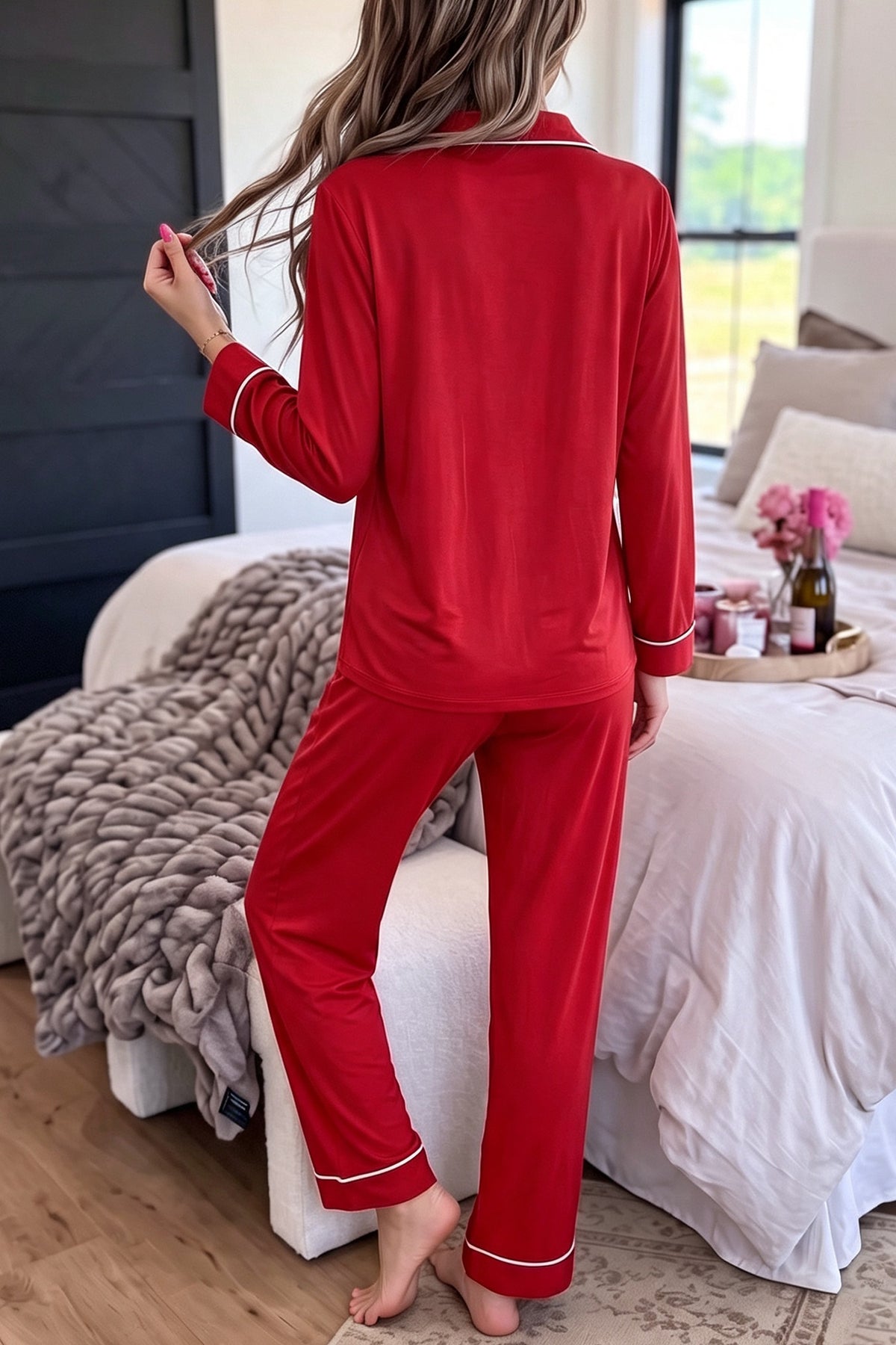 Bow Embroidered Pocket Detail Pajama Set