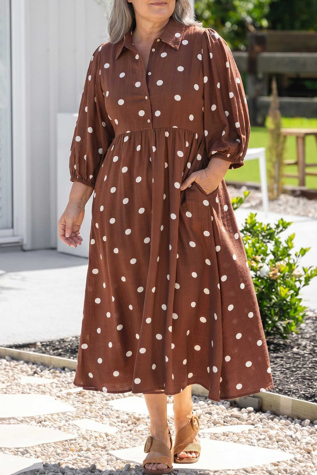 Polka Cuffs Sleeve Shift Plus Size Dress with Pockets