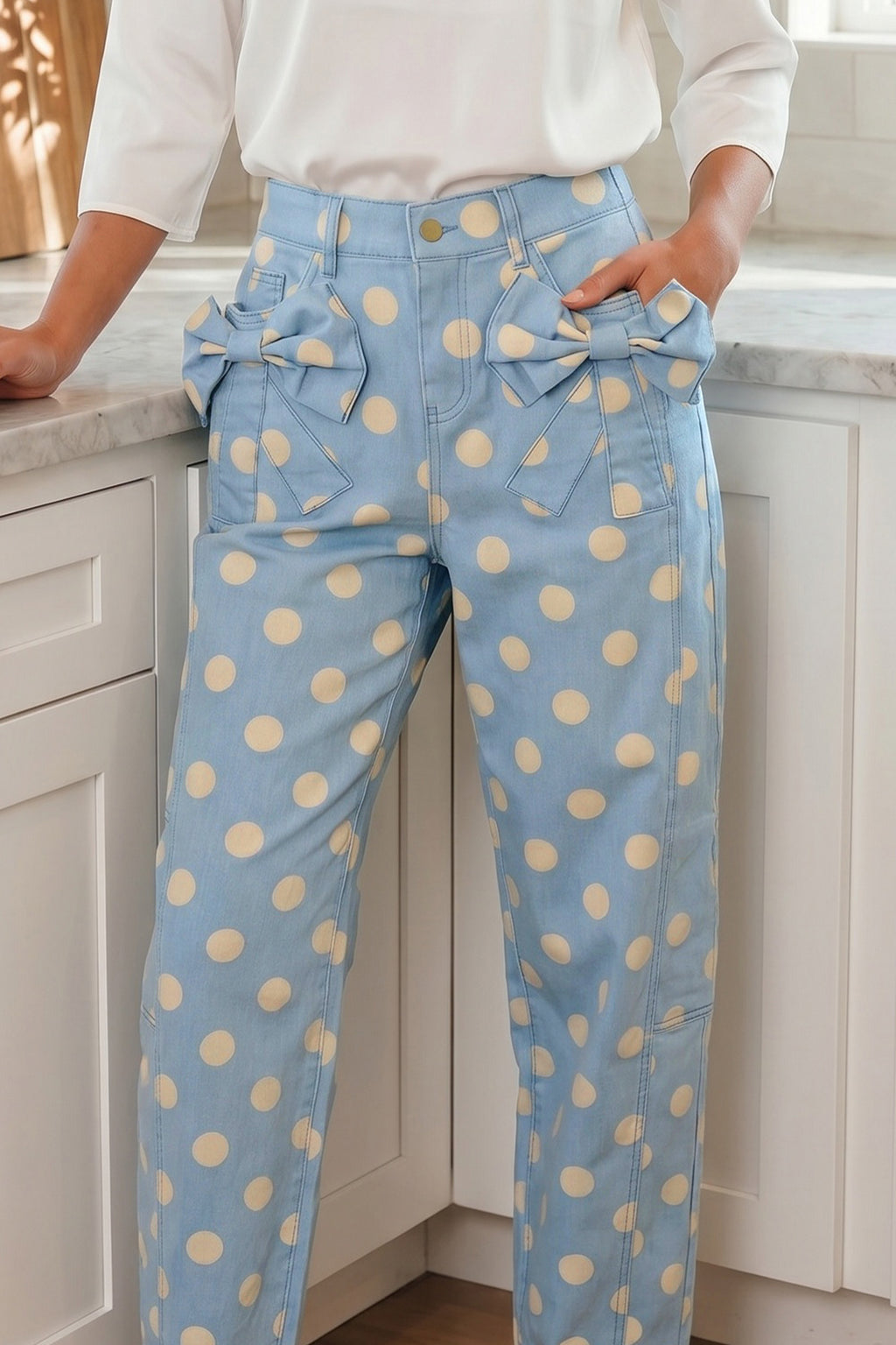 Polka Dot Bow Pocket Barrel Pants (2 Colors Available)