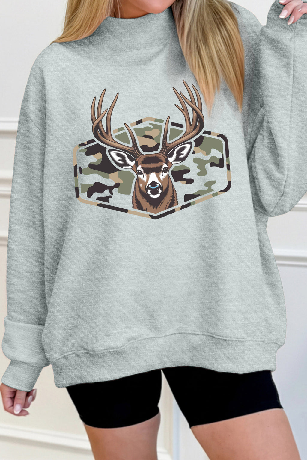 Oversize Camouflage Deer Mock Neck Sweatshirt