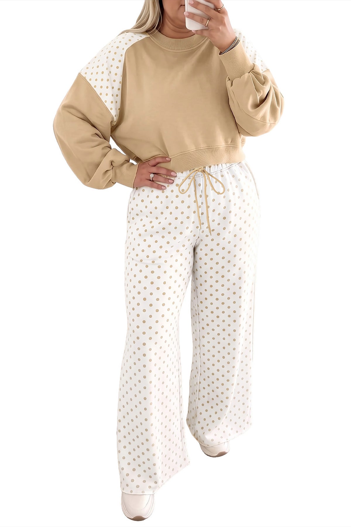 Polka Dot Patchwork Colorblock Long Sleeve Plus Size Pant Set