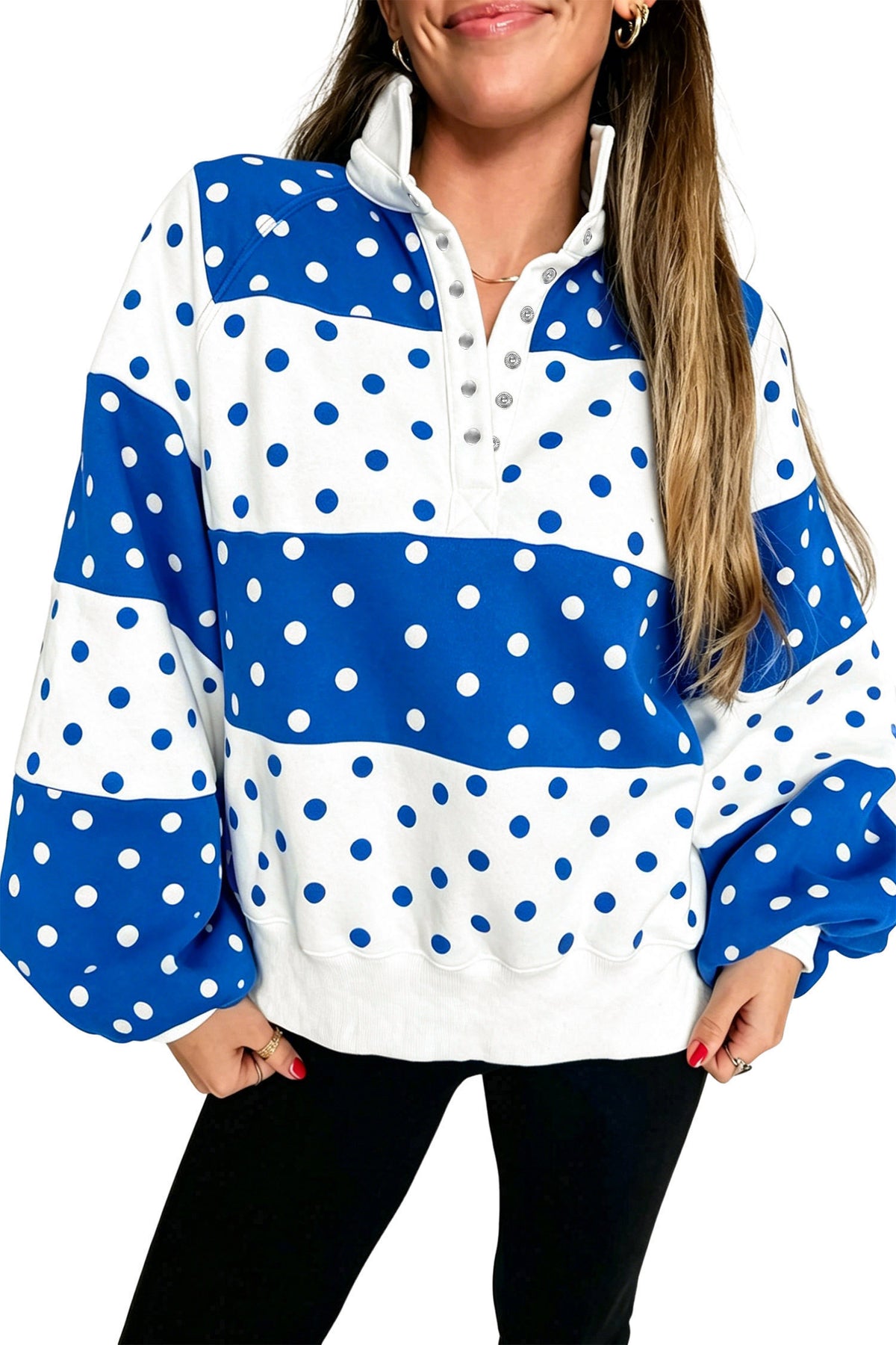 Blue Polka Half Zip Puff Sleeve Pullover (3 Colors Available)
