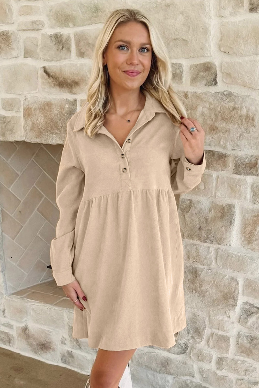 Corduroy Half Button Collard Mini Dress (3 Colors Available)