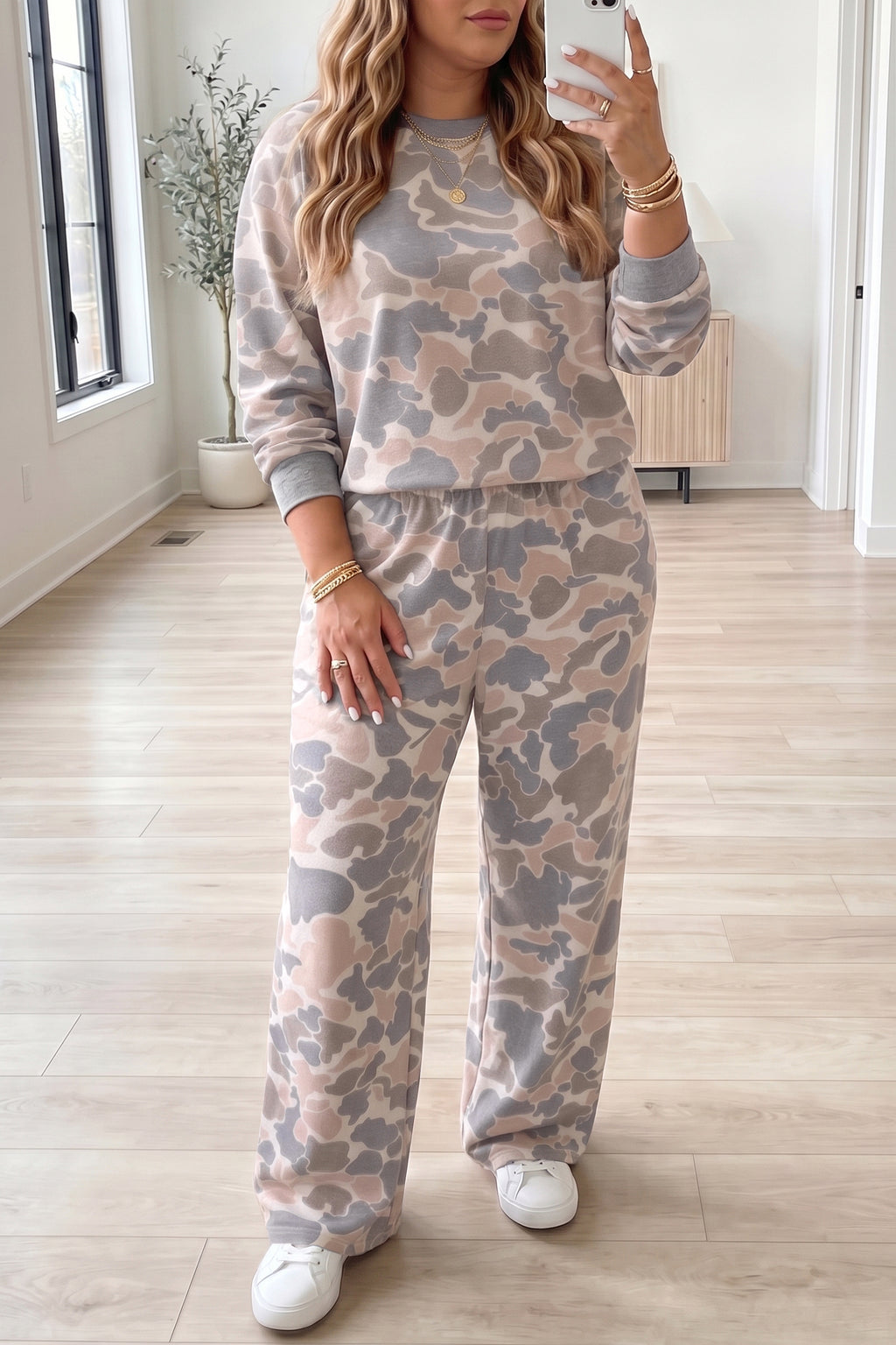 Camouflage Long Sleeve Top &Pants Plus Size Set