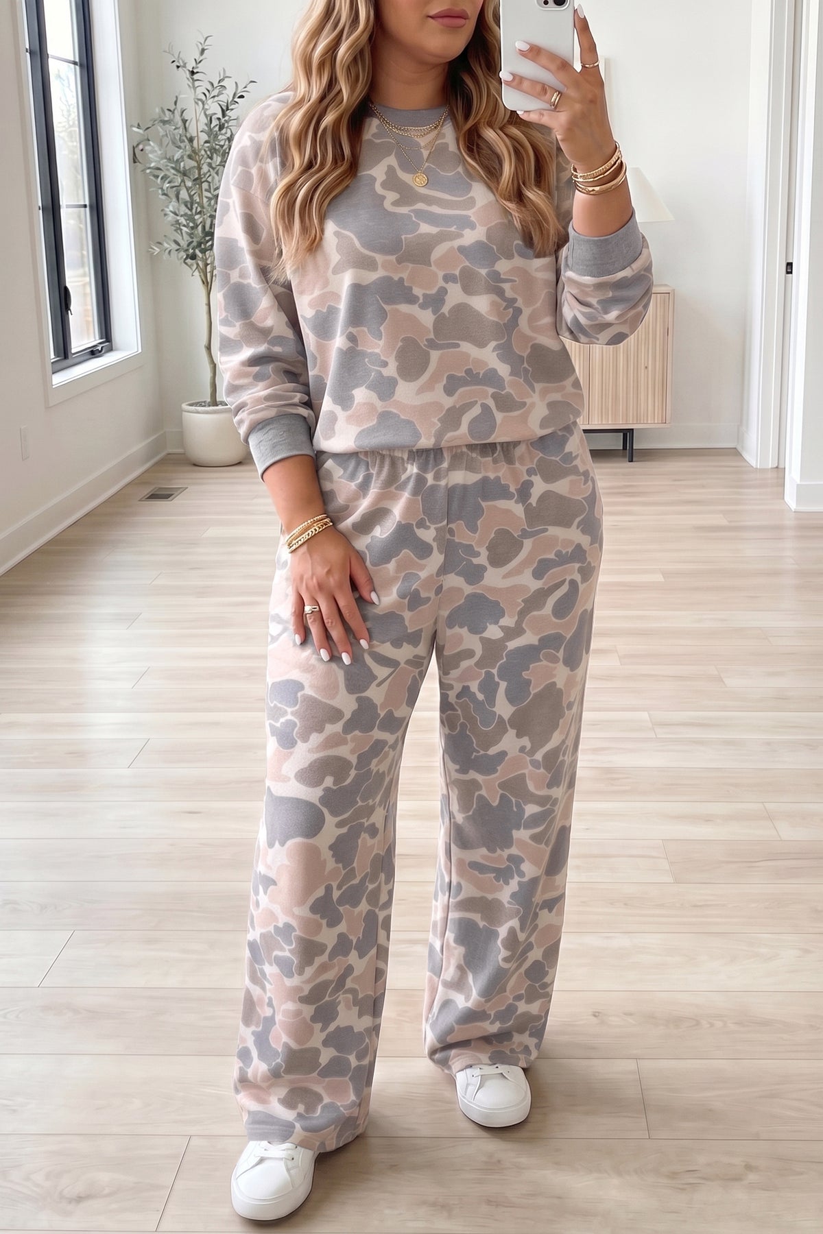 Camouflage Long Sleeve Top &Pants Plus Size Set
