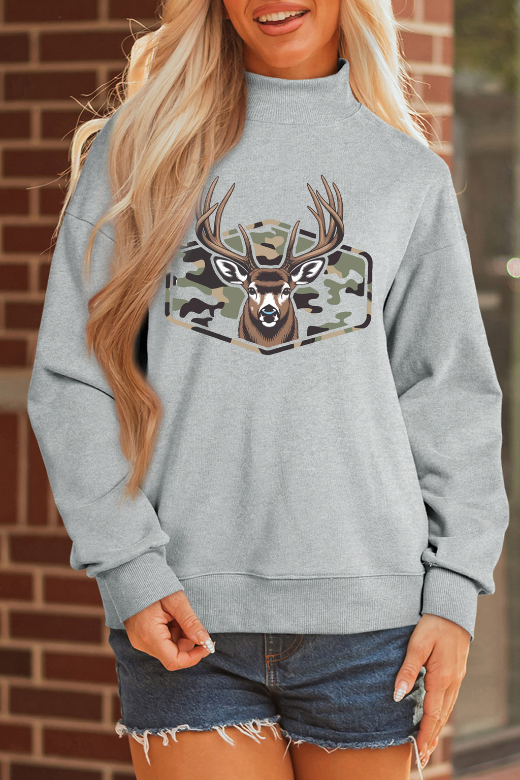 Oversize Camouflage Deer Mock Neck Sweatshirt