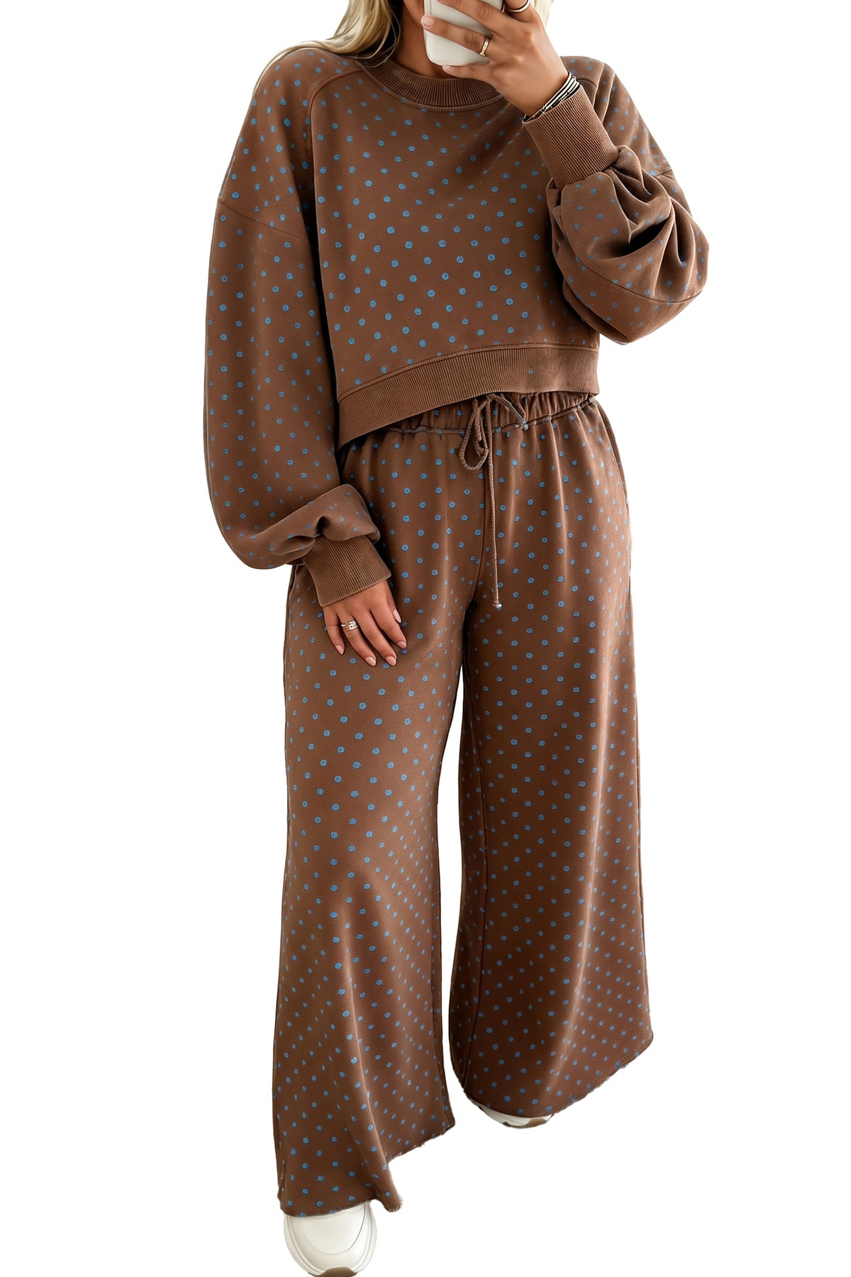 Polka Dot Round Neck Long Sleeve Plus Size Pant Set