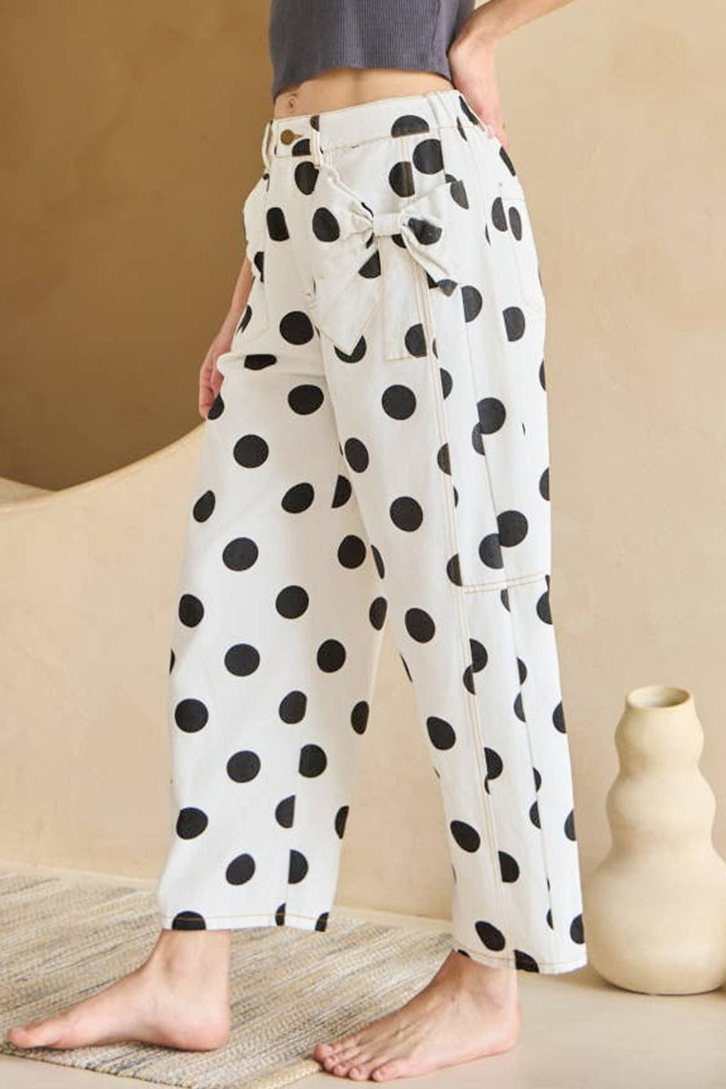 Polka Dot Bow Pocket Barrel Pants (2 Colors Available)