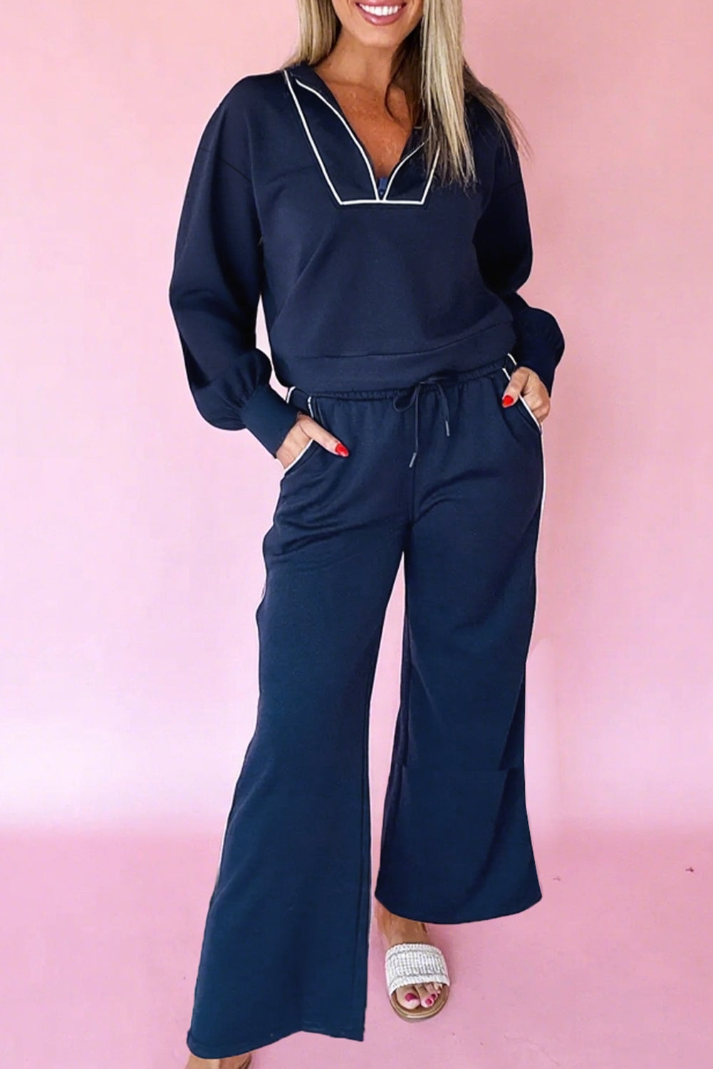 Navy Blue Pullover & Cropped Pants Set