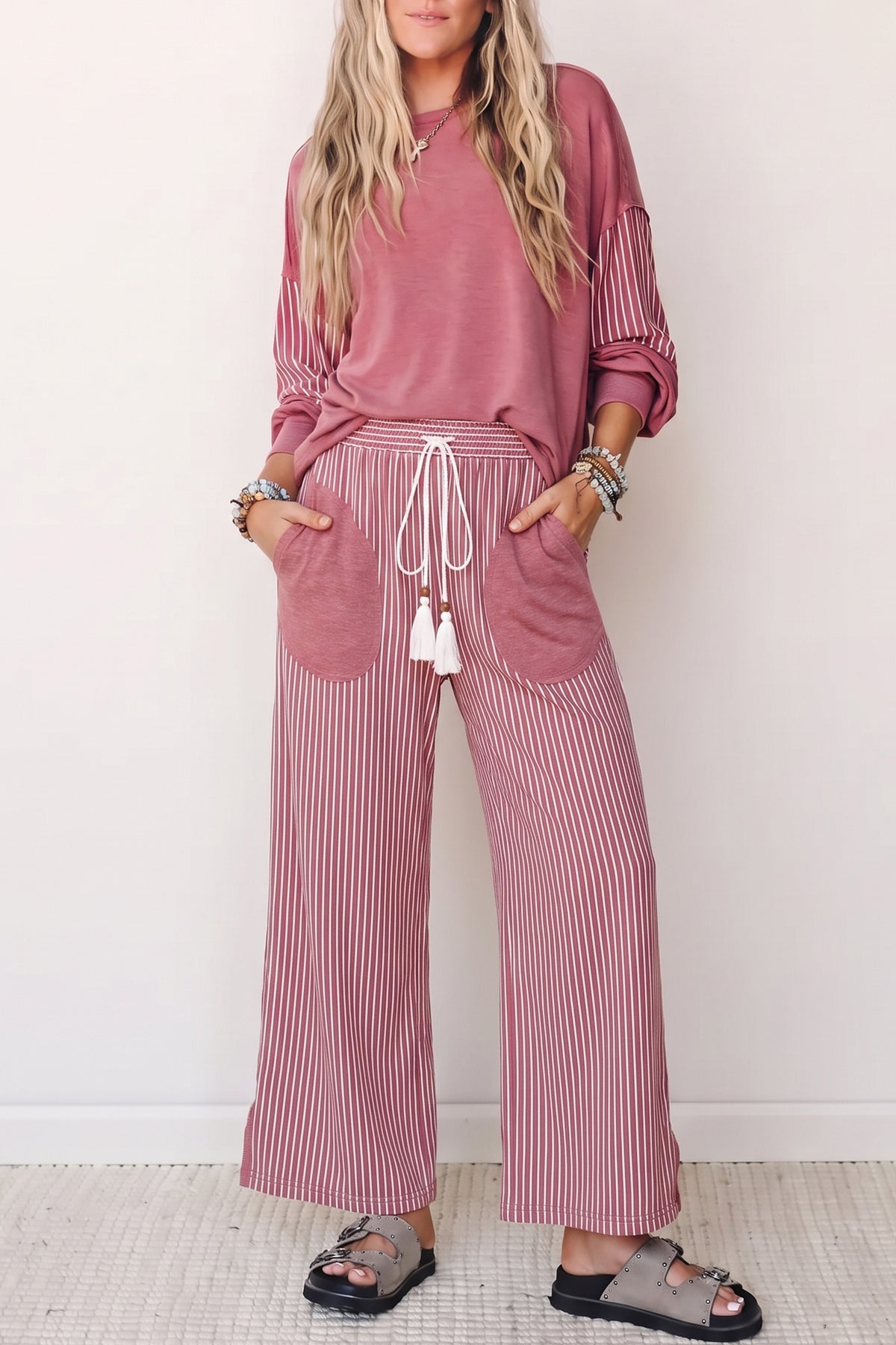Raw Seam Patchwork Long Sleeve Top & Pants Set (3 Colors Available)