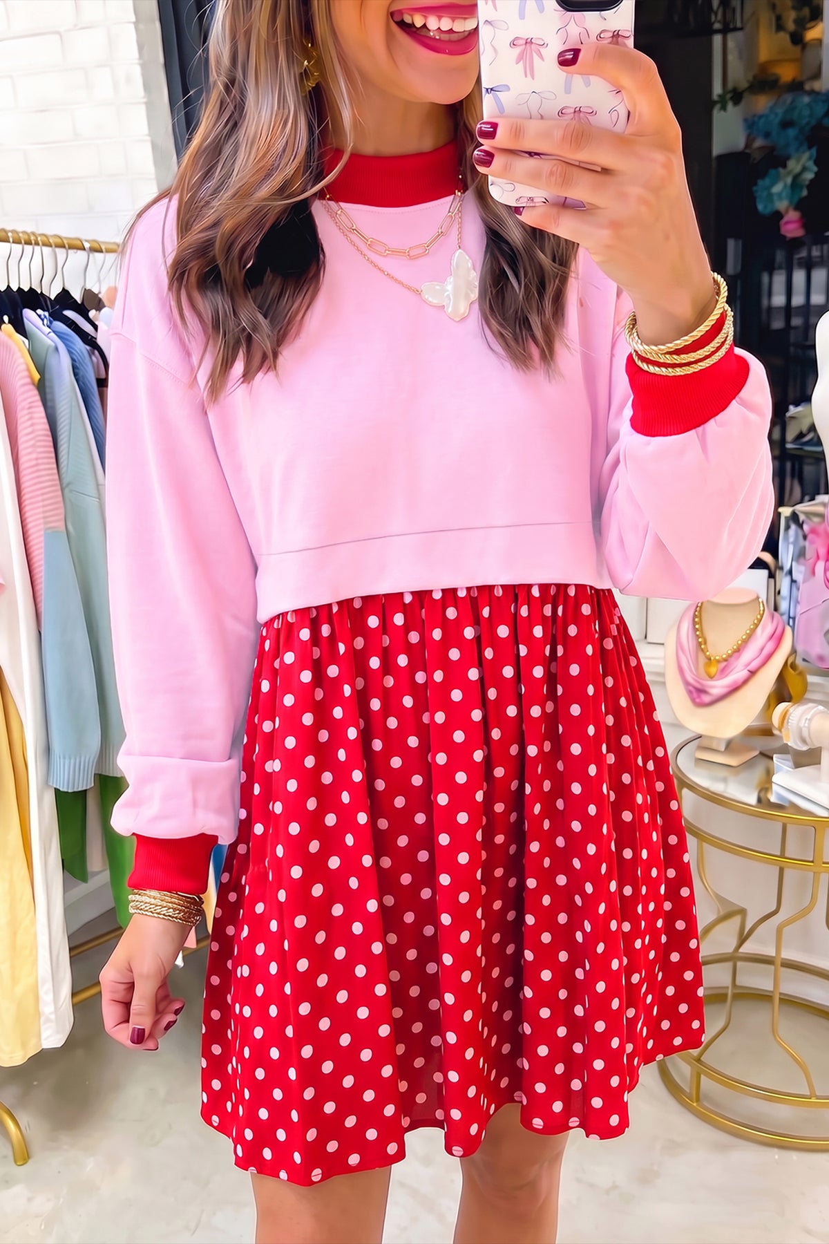 Polka Dot Contrast Pleated Mini Dress