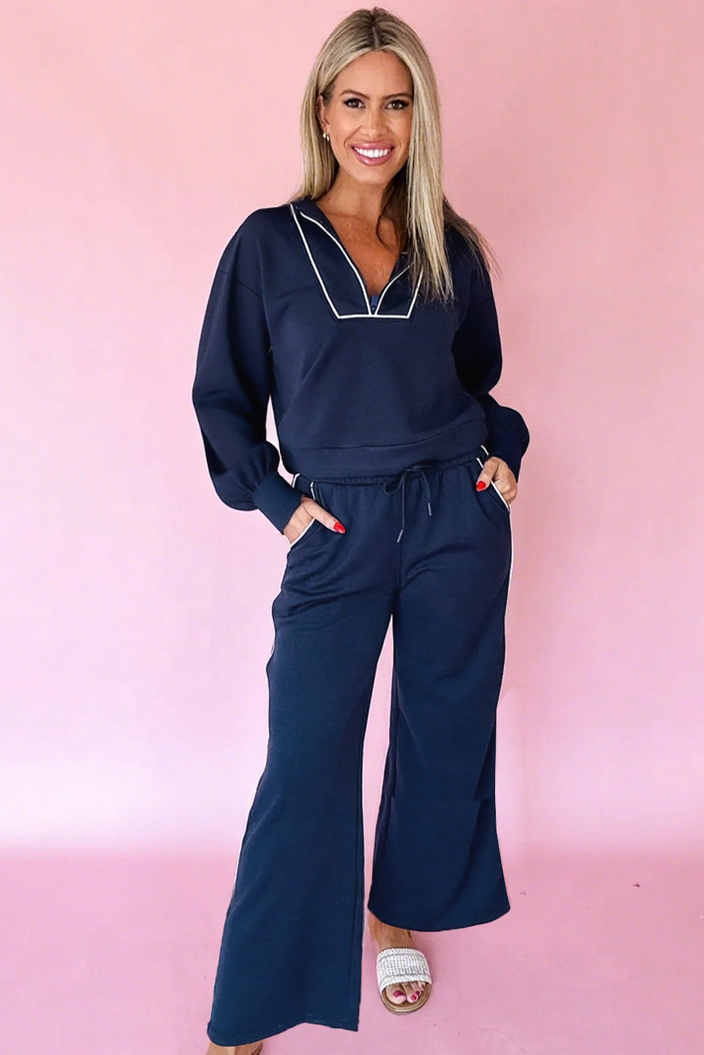 Navy Blue Pullover & Cropped Pants Set
