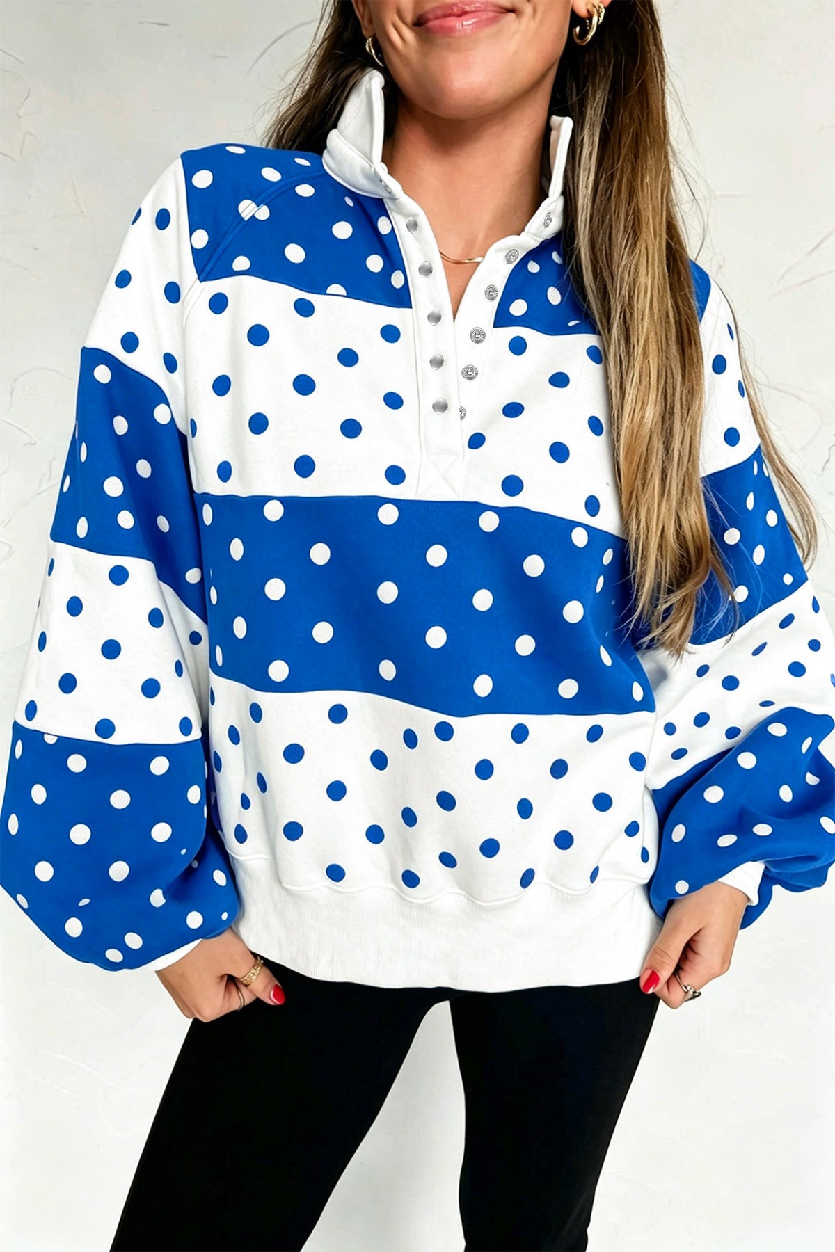 Blue Polka Half Zip Puff Sleeve Pullover (3 Colors Available)
