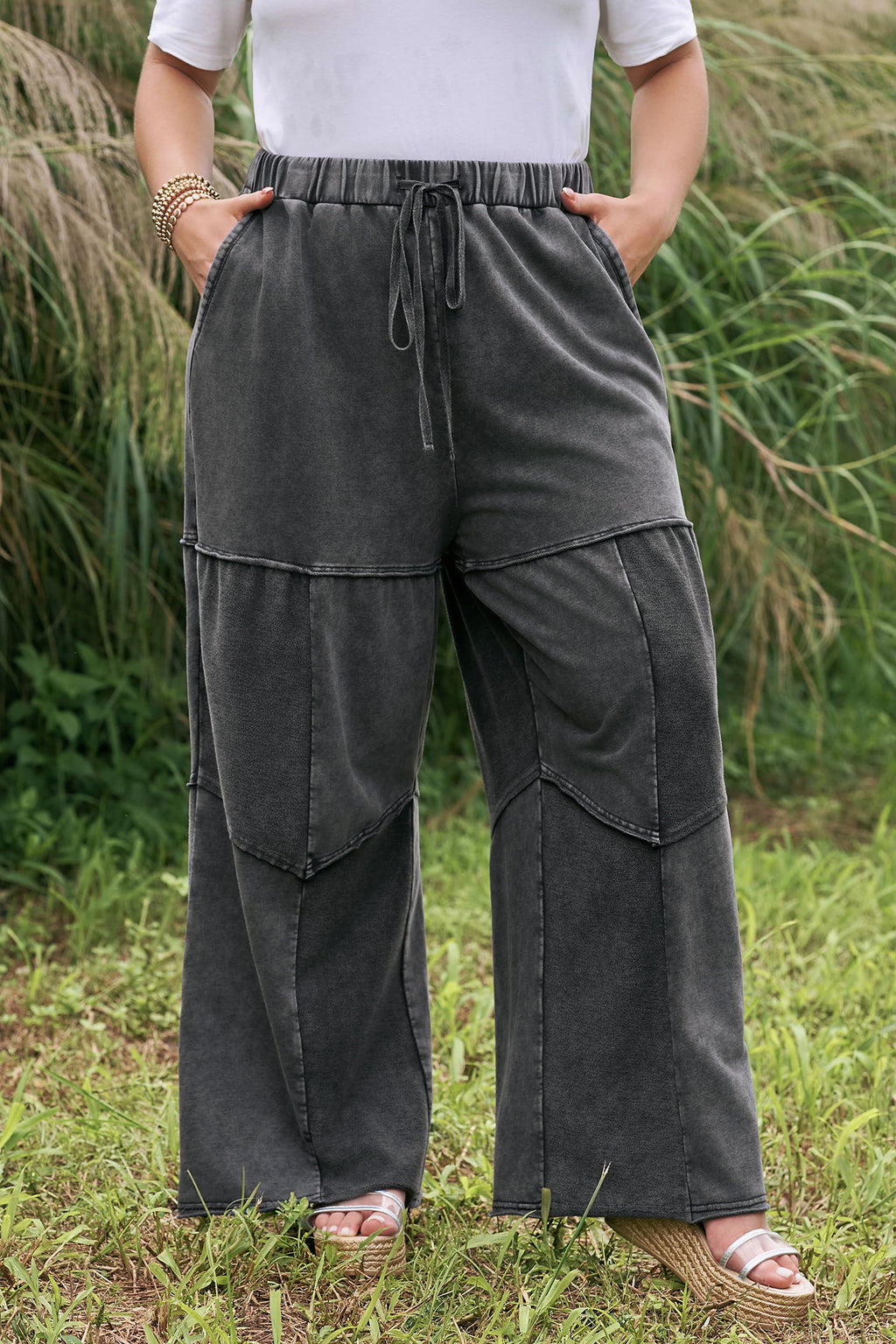 Mineral Wash Patchwork Wide Leg Plus Size Pants