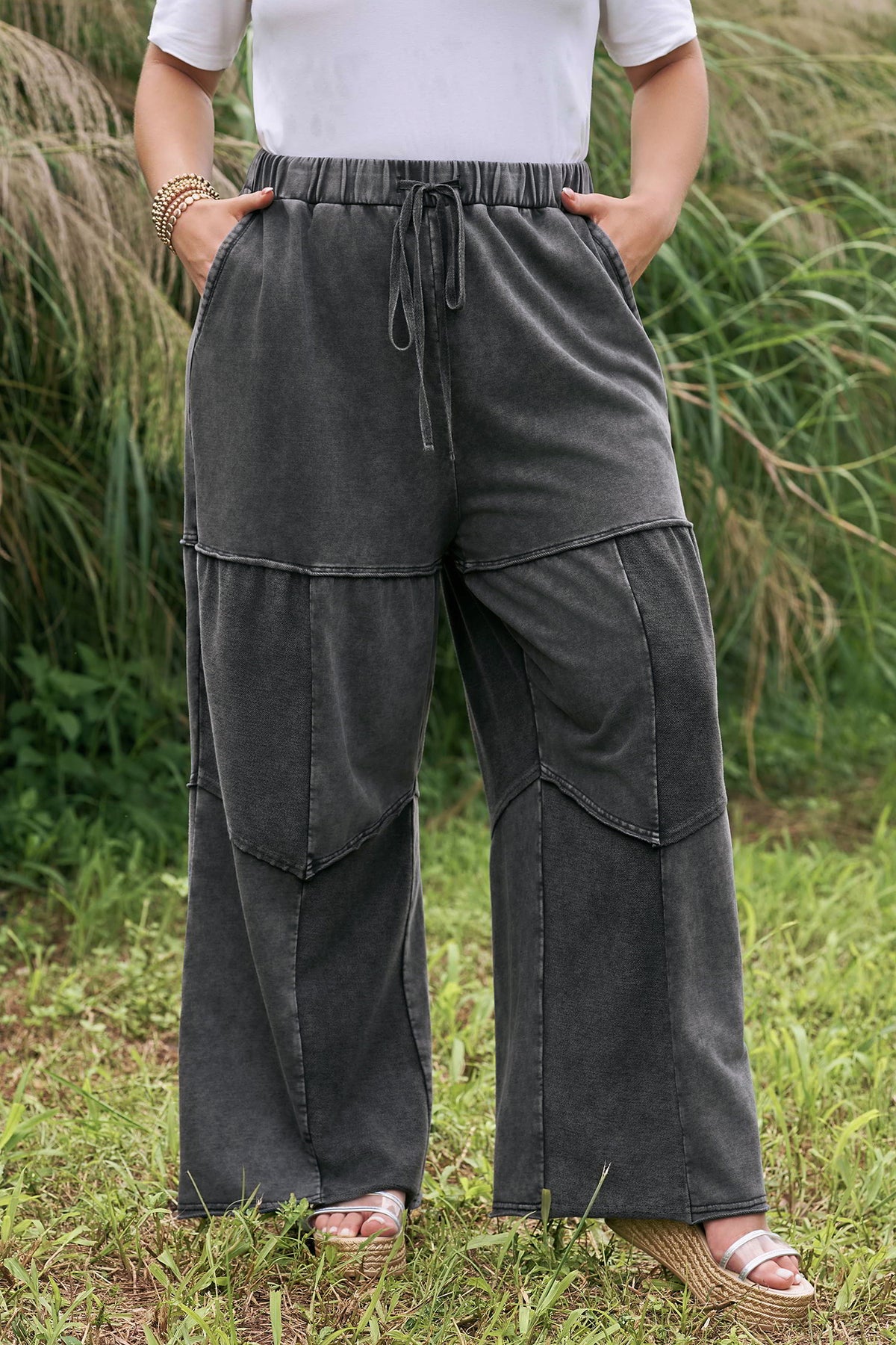 Mineral Wash Patchwork Wide Leg Plus Size Pants