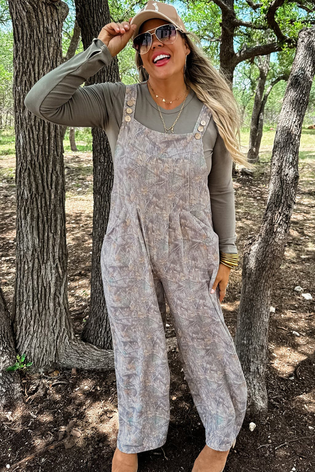 Brown Camouflage Ribbed Full-Length Jumpsuit