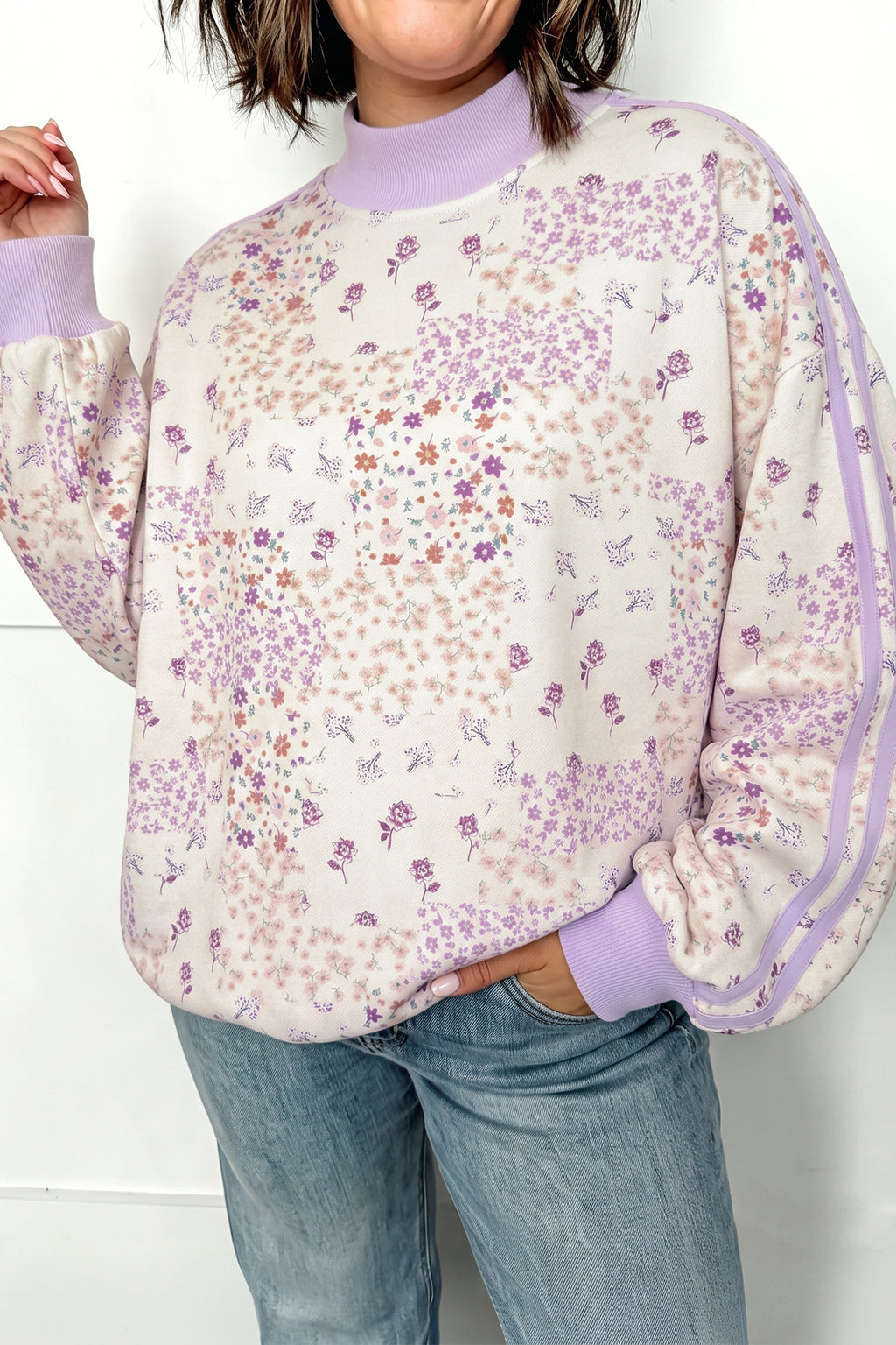 Purple Floral Print High Neck Sweatshirt