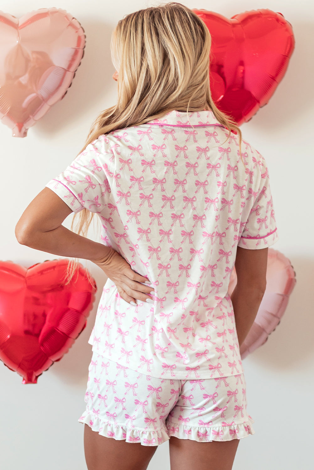Bow Print Ruffled Shorts Pajama Set