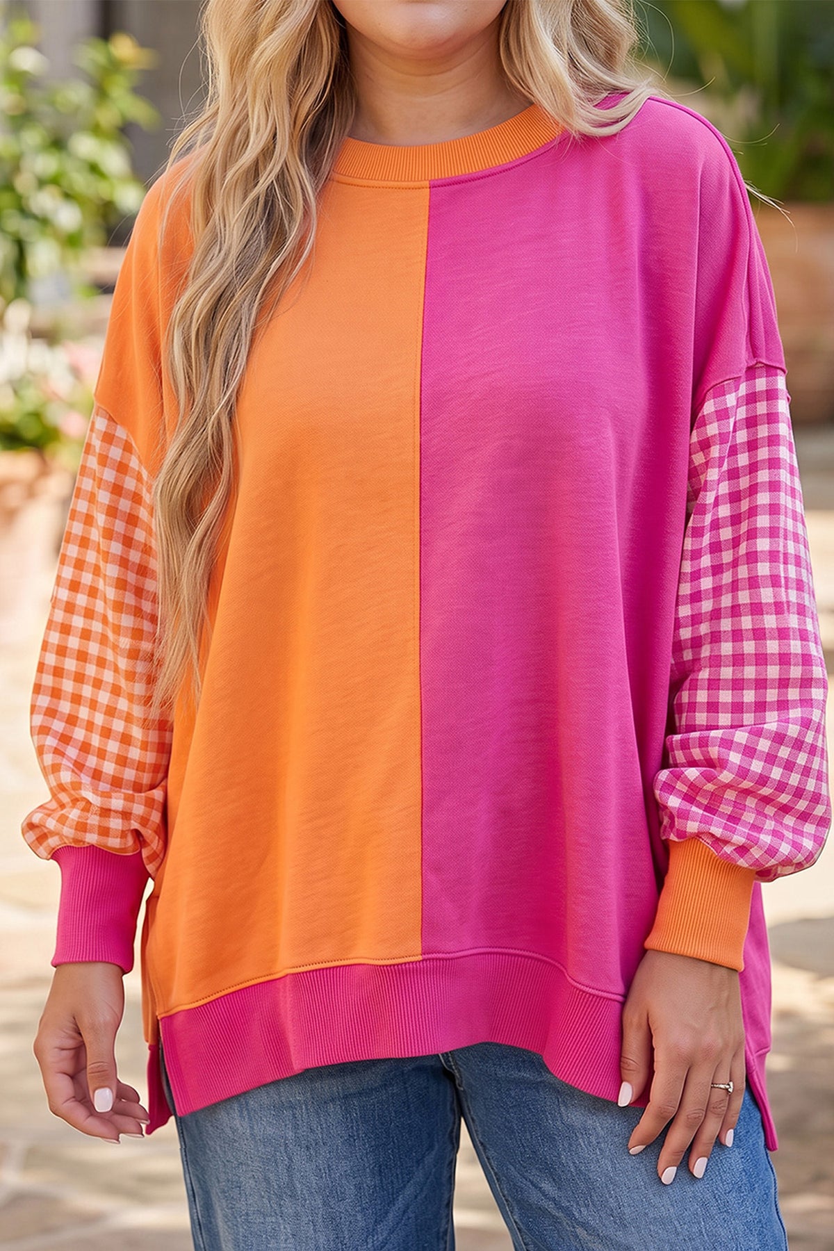 Colorblock Patchwork Gingham Sleeve Plus Size Sweatshirt