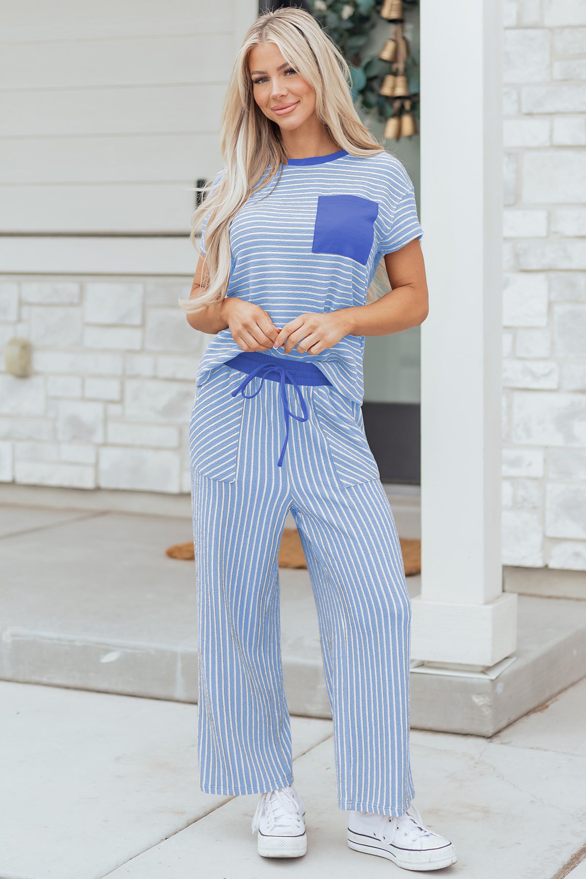 Stripe Crew Neck Tee & Drawstring Waist Cropped Pants Set (4 Colors Available)