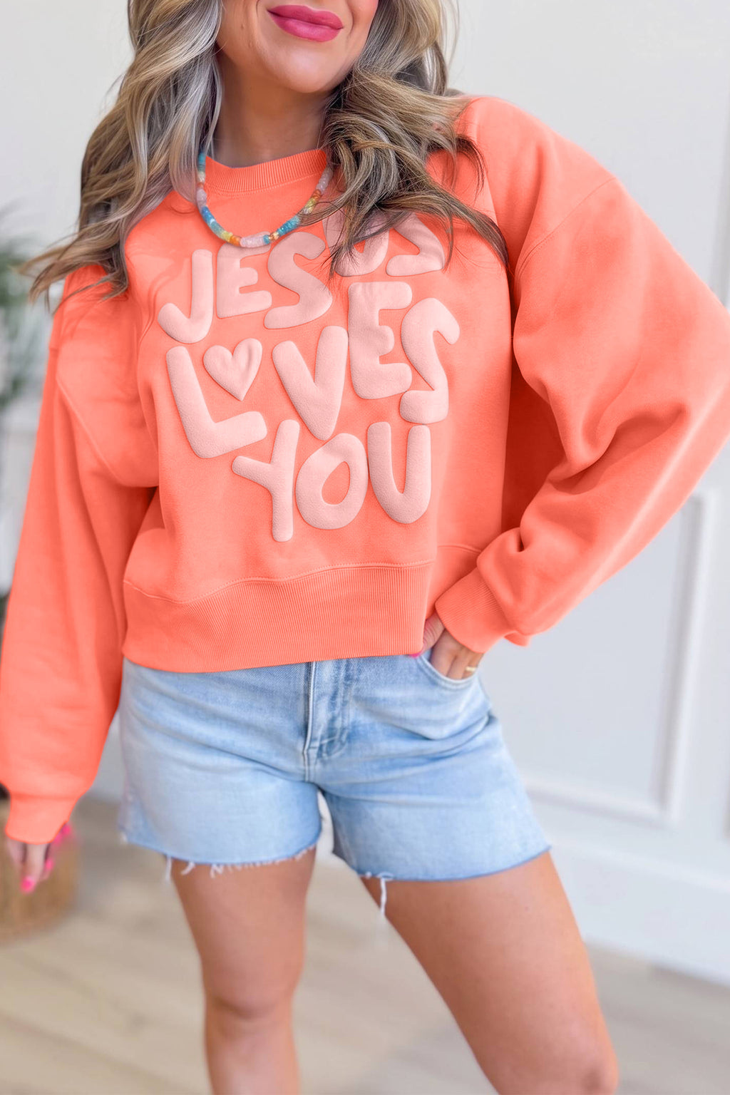 JESUS LOVES YOU Puffy Letter Sweatshirt