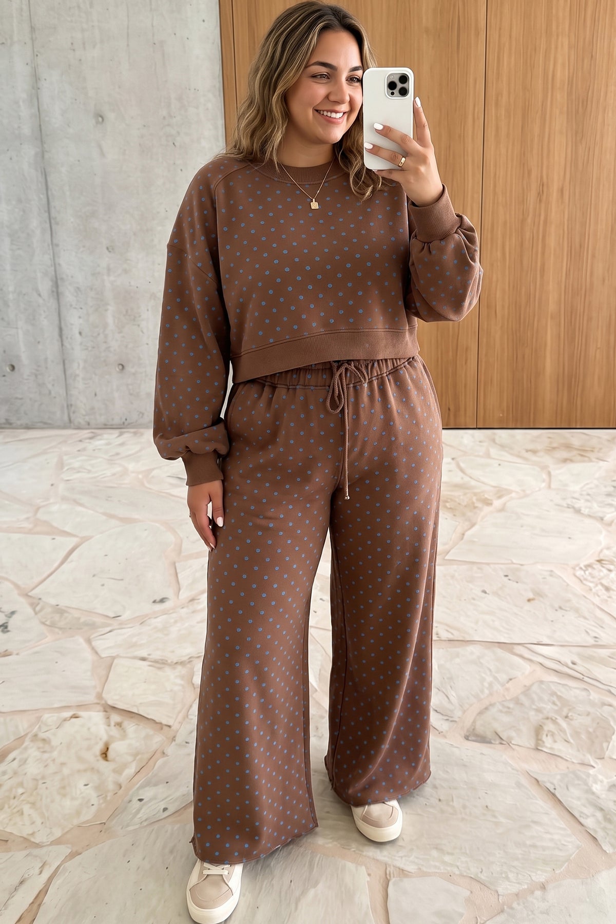 Polka Dot Round Neck Long Sleeve Plus Size Pant Set