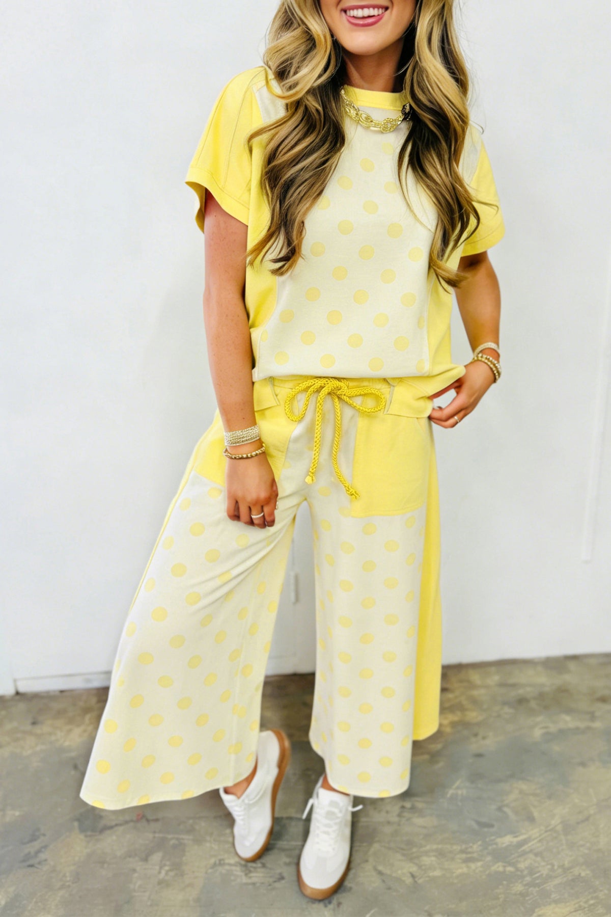 Color Block Patchwork Polka Dot Wide Leg Pant Set (3 Colors Available)