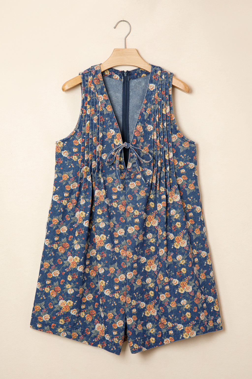 Floral Print Bow Tie V Neck Pleated Denim Romper