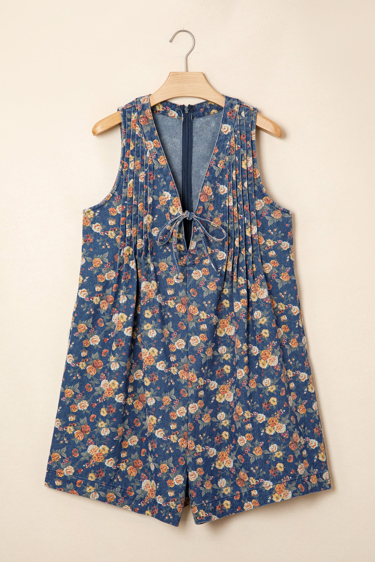Floral Print Bow Tie V Neck Pleated Denim Romper